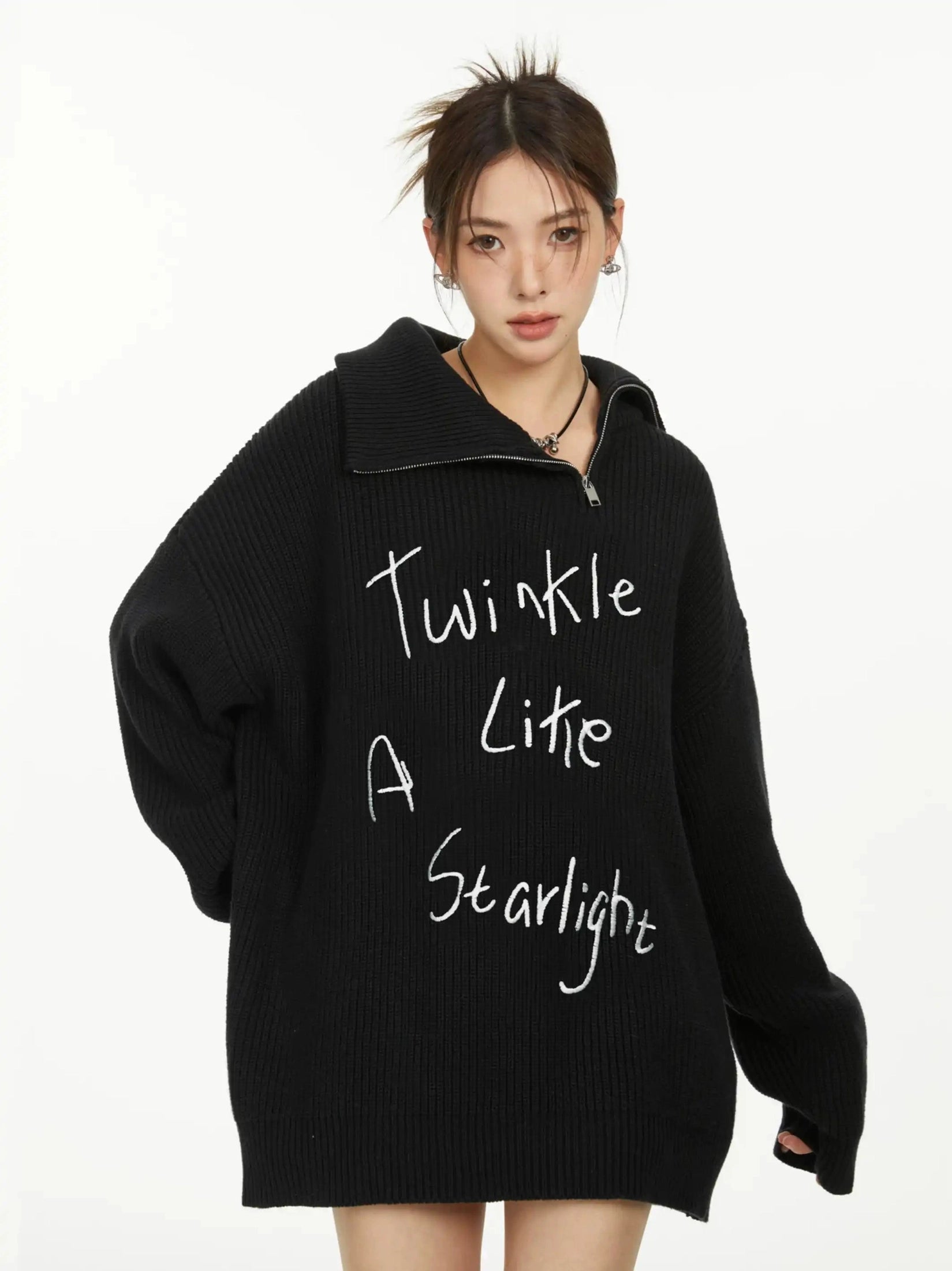 Embroidered High-Neck Zip Knit  f0396