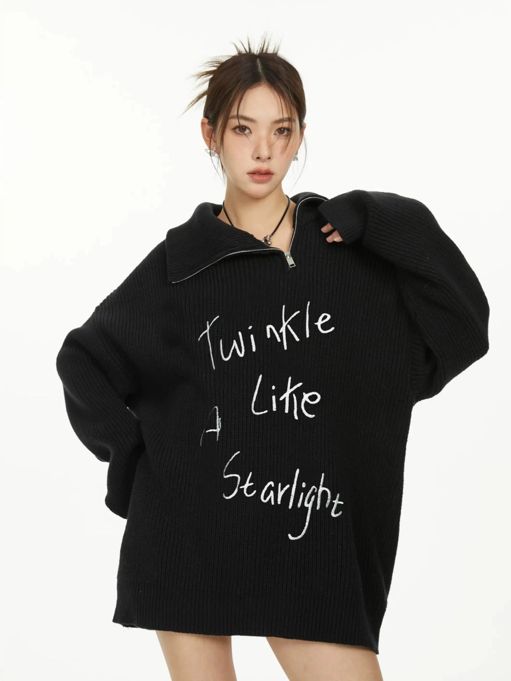 Embroidered High-Neck Zip Knit  f0396