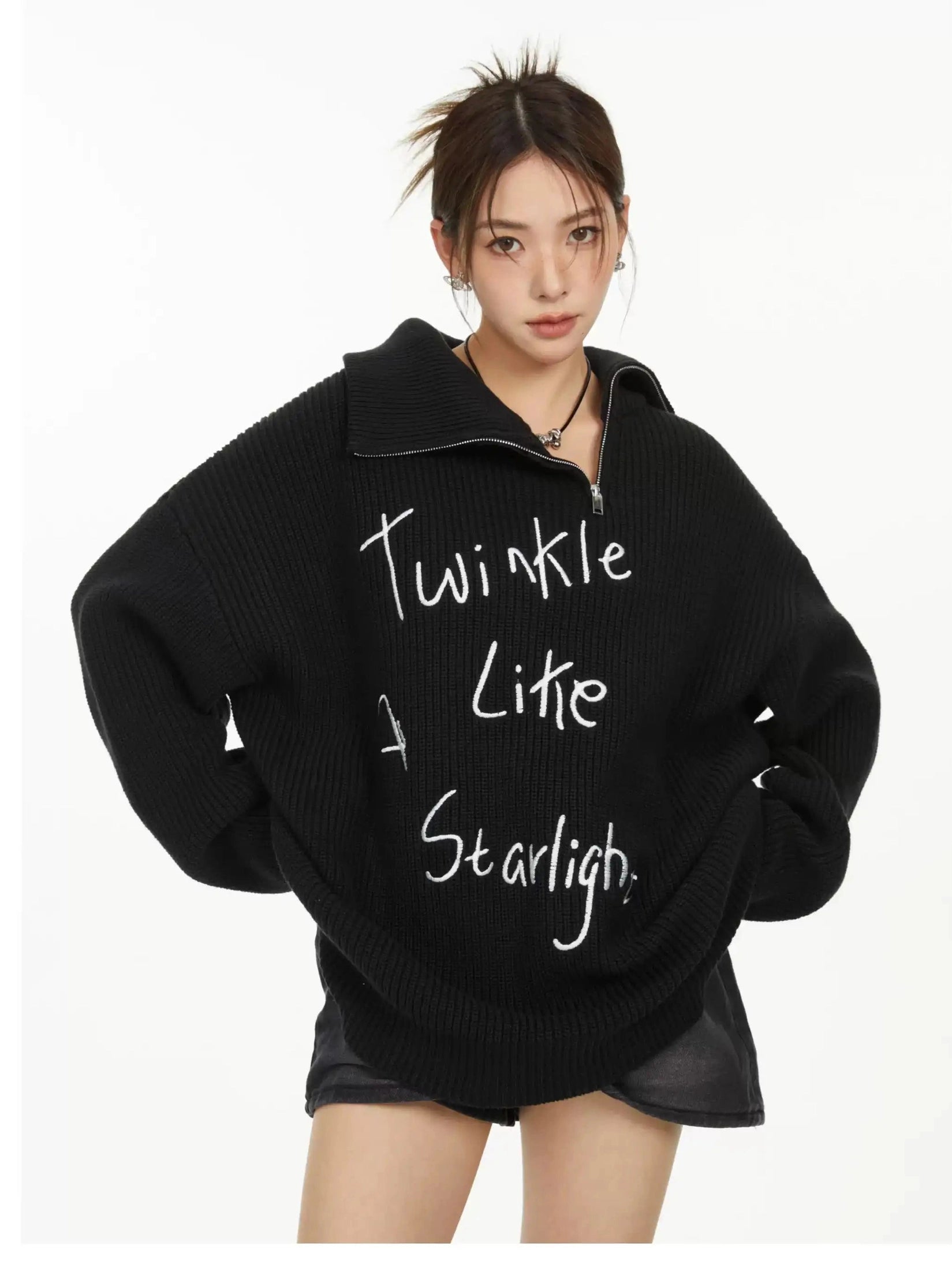 Embroidered High-Neck Zip Knit  f0396