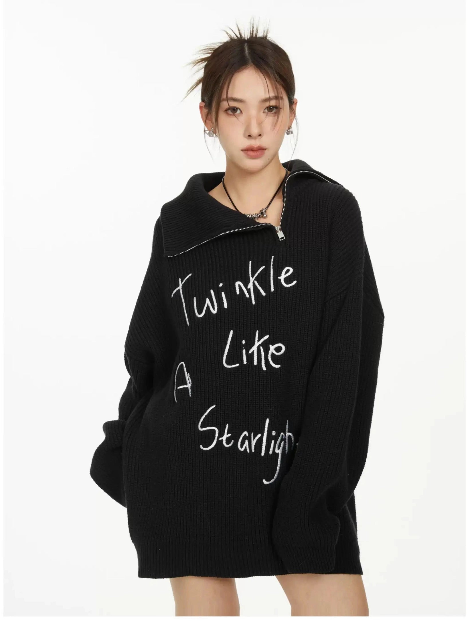 Embroidered High-Neck Zip Knit  f0396