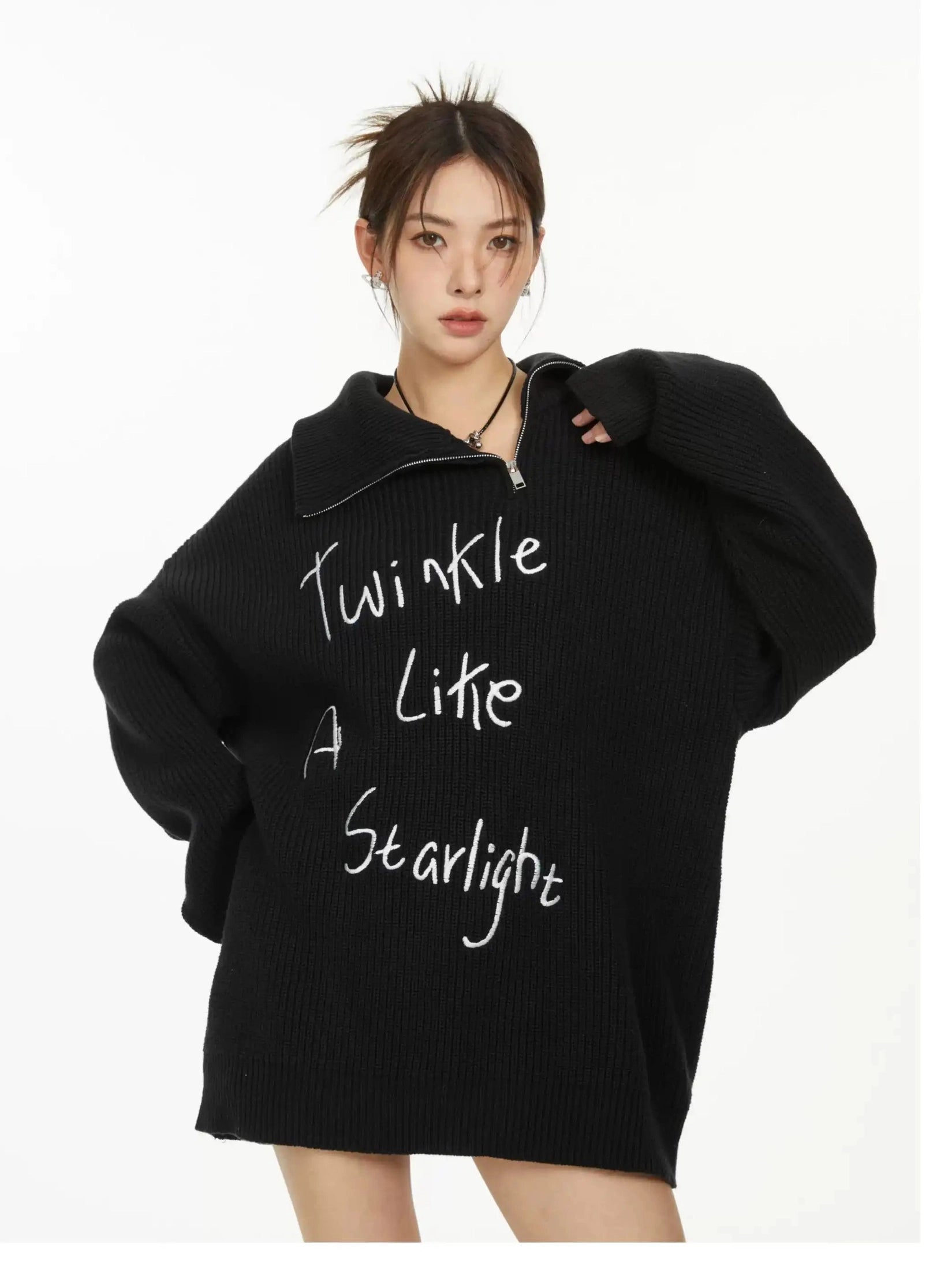 Embroidered High-Neck Zip Knit  f0396