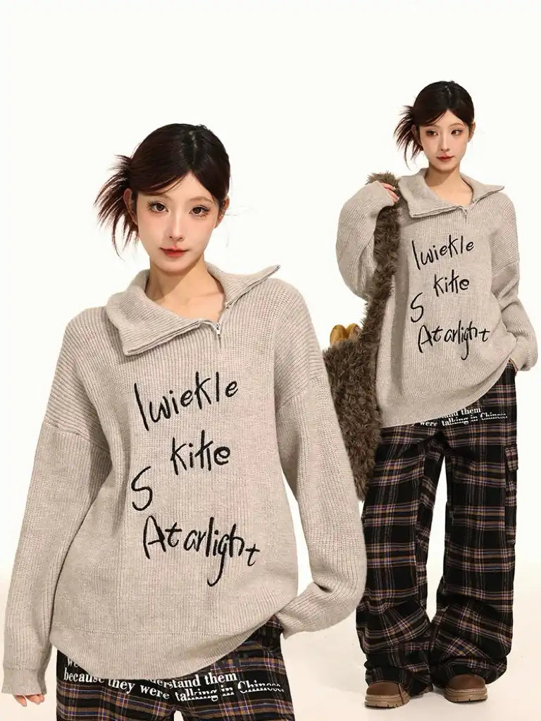 Gray Embroidered High-Neck Zip Knit  f0395