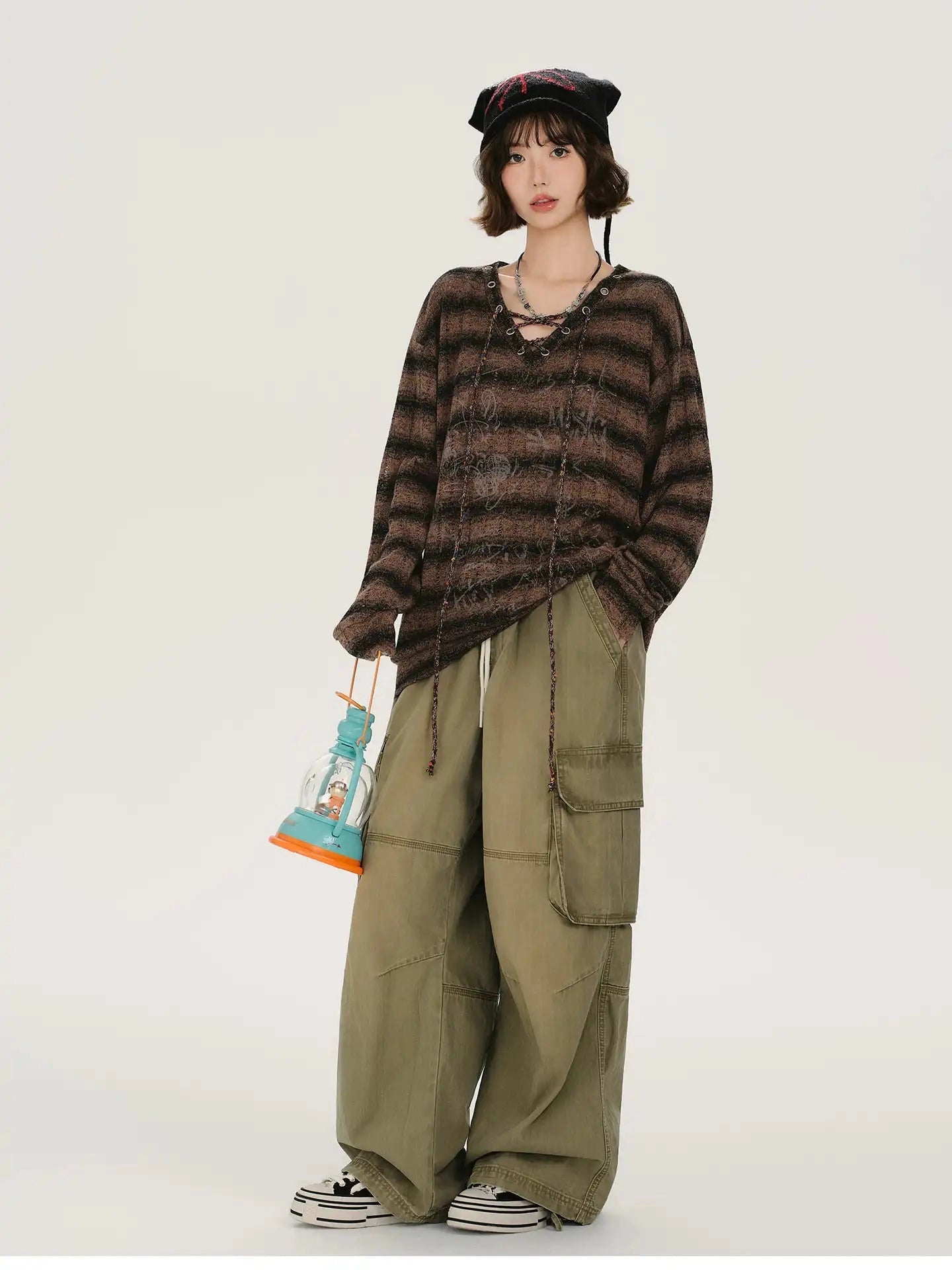 Retro-Style V-Neck Stripe Long T-Shirt   f0392