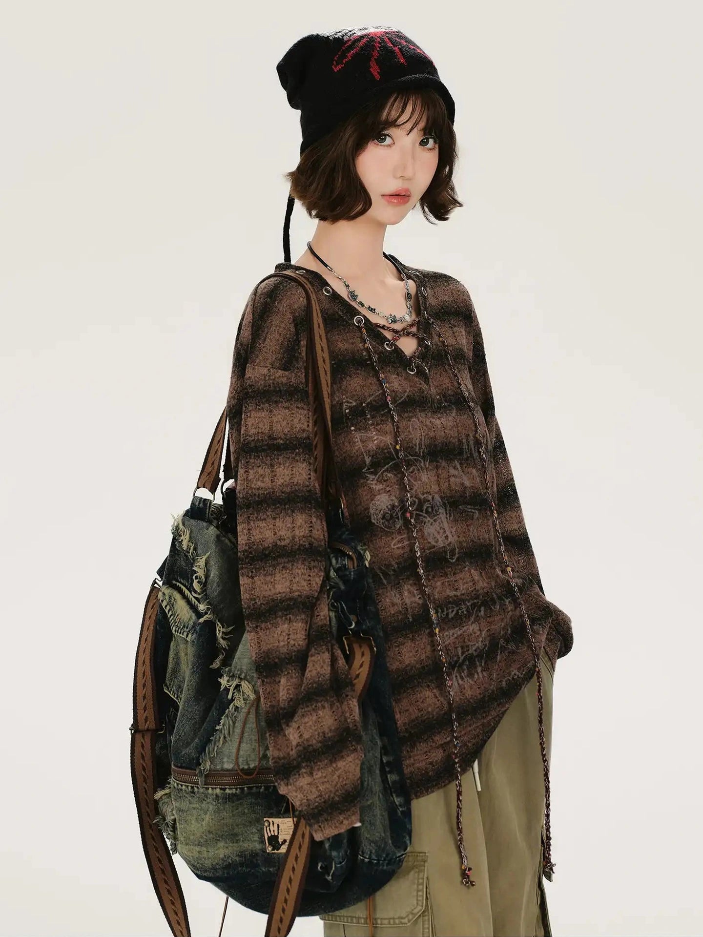 Retro-Style V-Neck Stripe Long T-Shirt   f0392