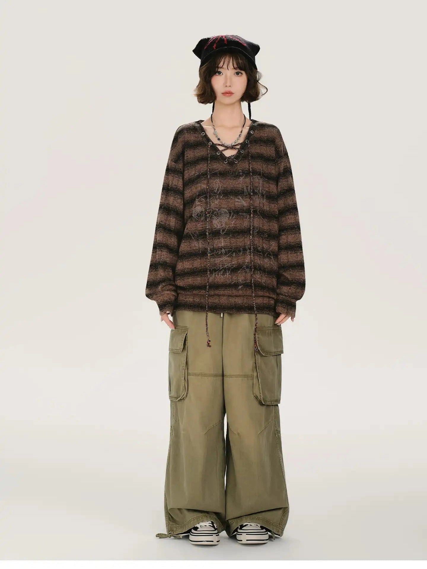 Retro-Style V-Neck Stripe Long T-Shirt   f0392