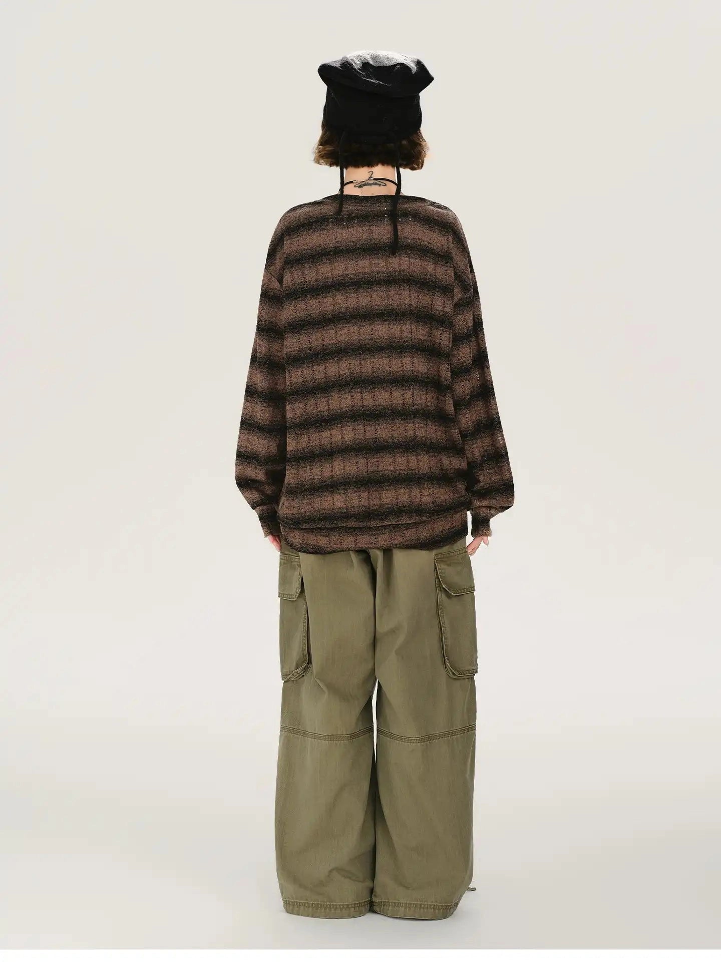 Retro-Style V-Neck Stripe Long T-Shirt   f0392