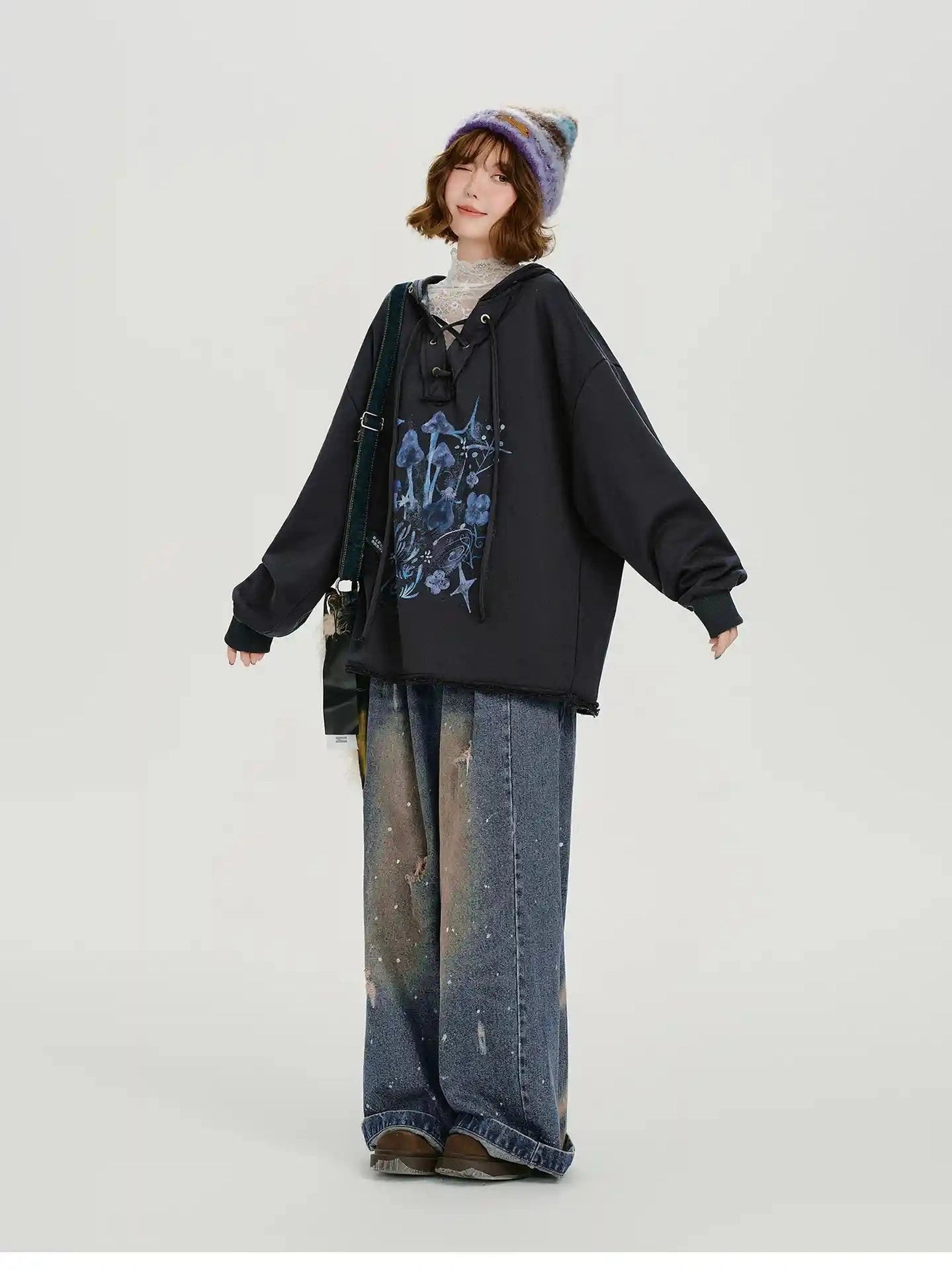 Retro-Style V-Neck Hoodie  f0391