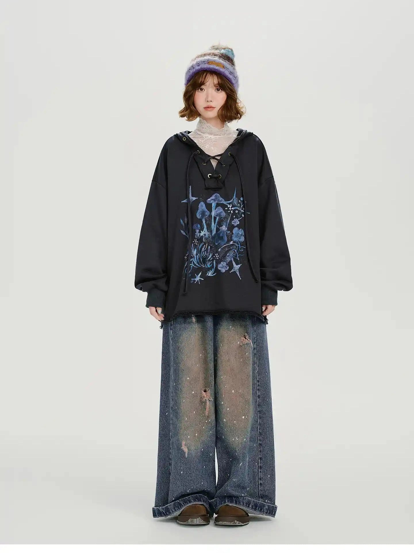 Retro-Style V-Neck Hoodie  f0391