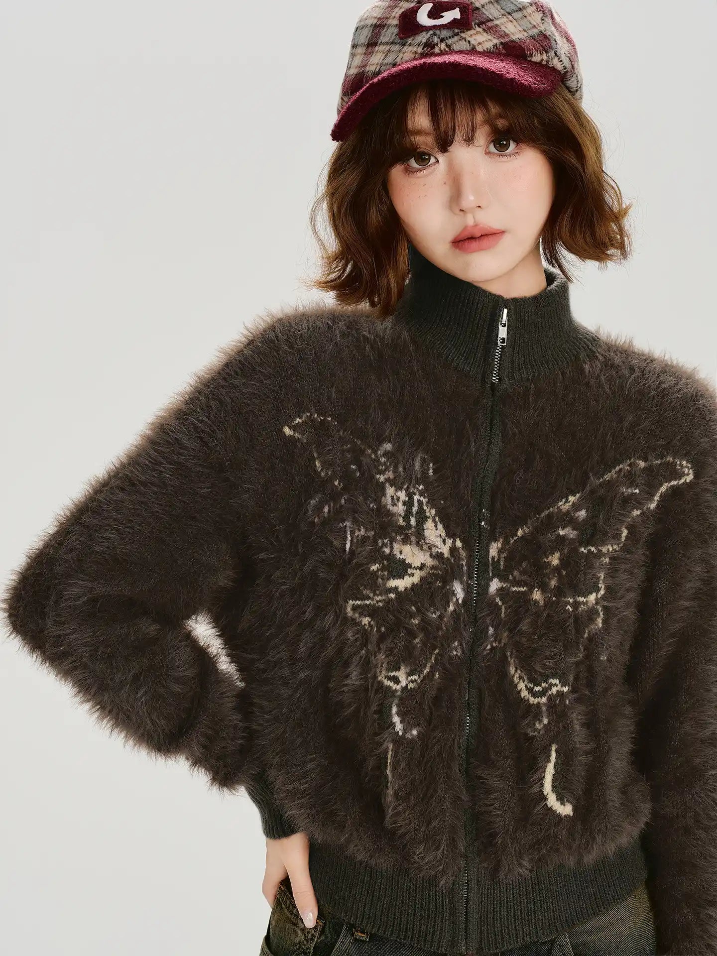 Vintage-Look Stand Collar Boa Jacket   f0390