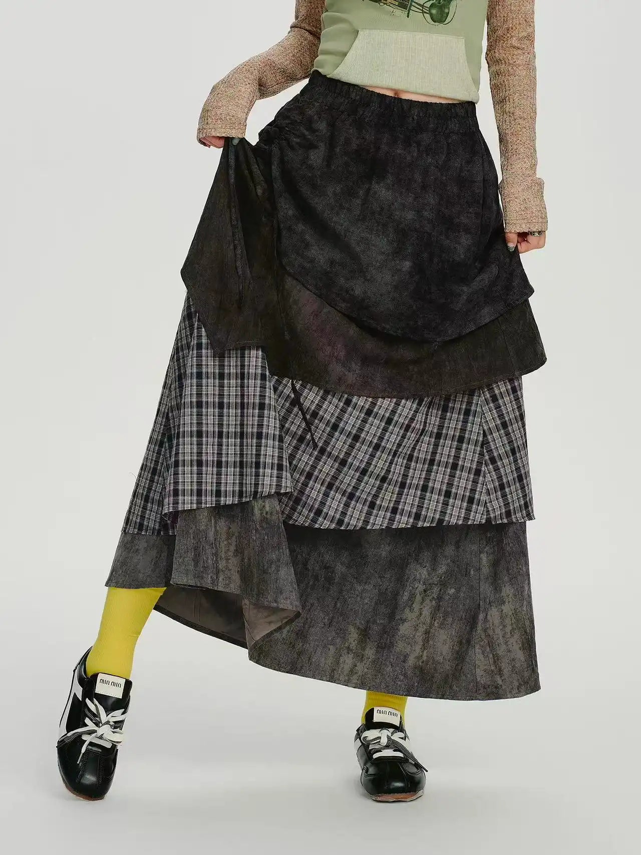 Check Tiered Skirt  f0409