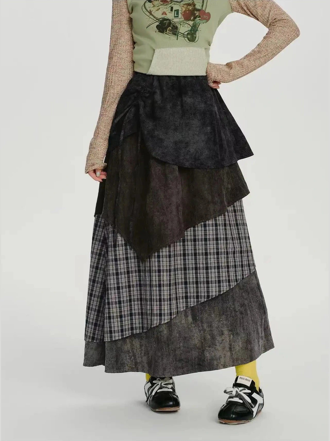 Check Tiered Skirt  f0409