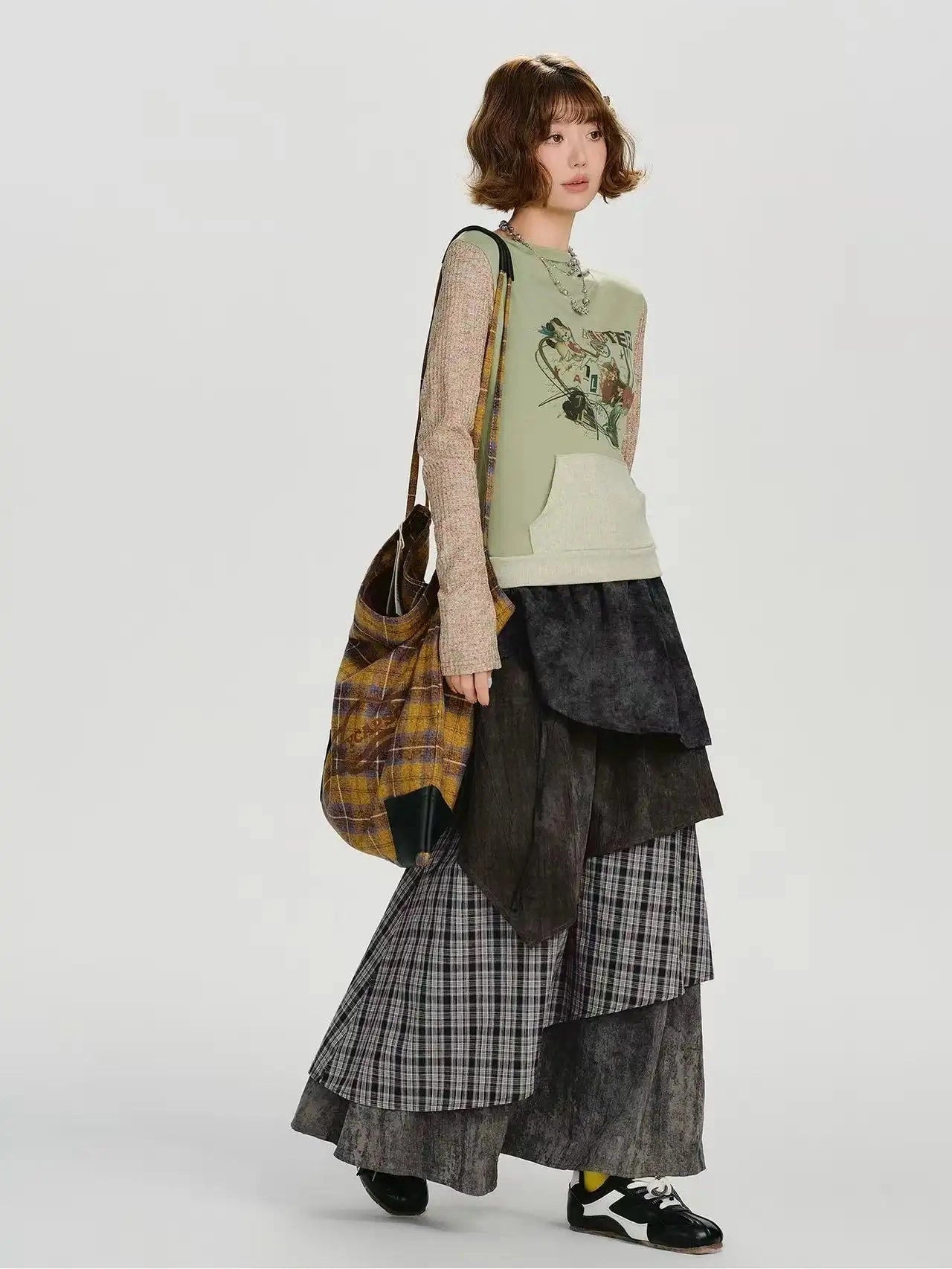 Check Tiered Skirt  f0409