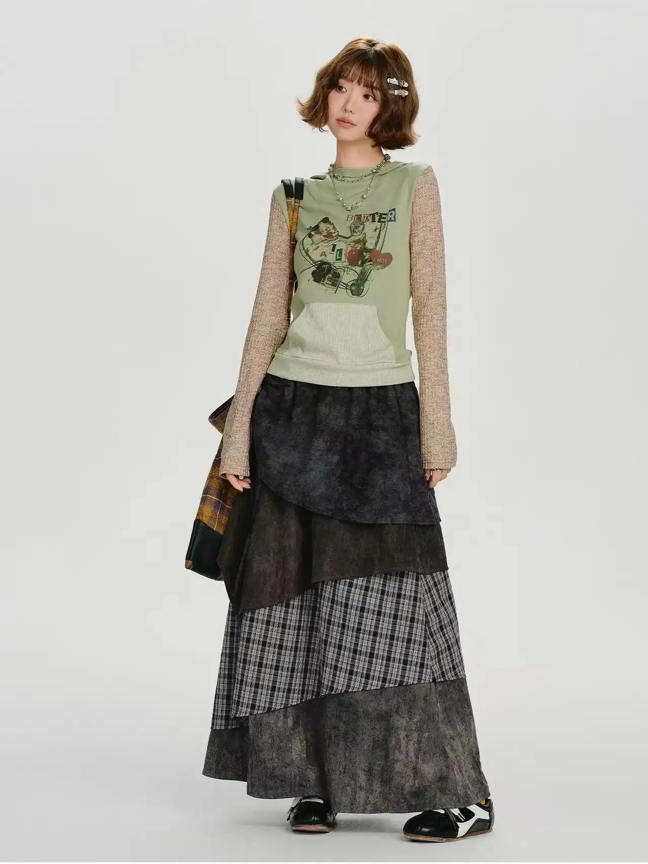 Check Tiered Skirt  f0409