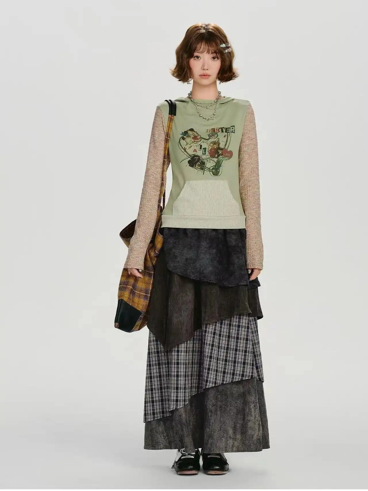 Check Tiered Skirt  f0409