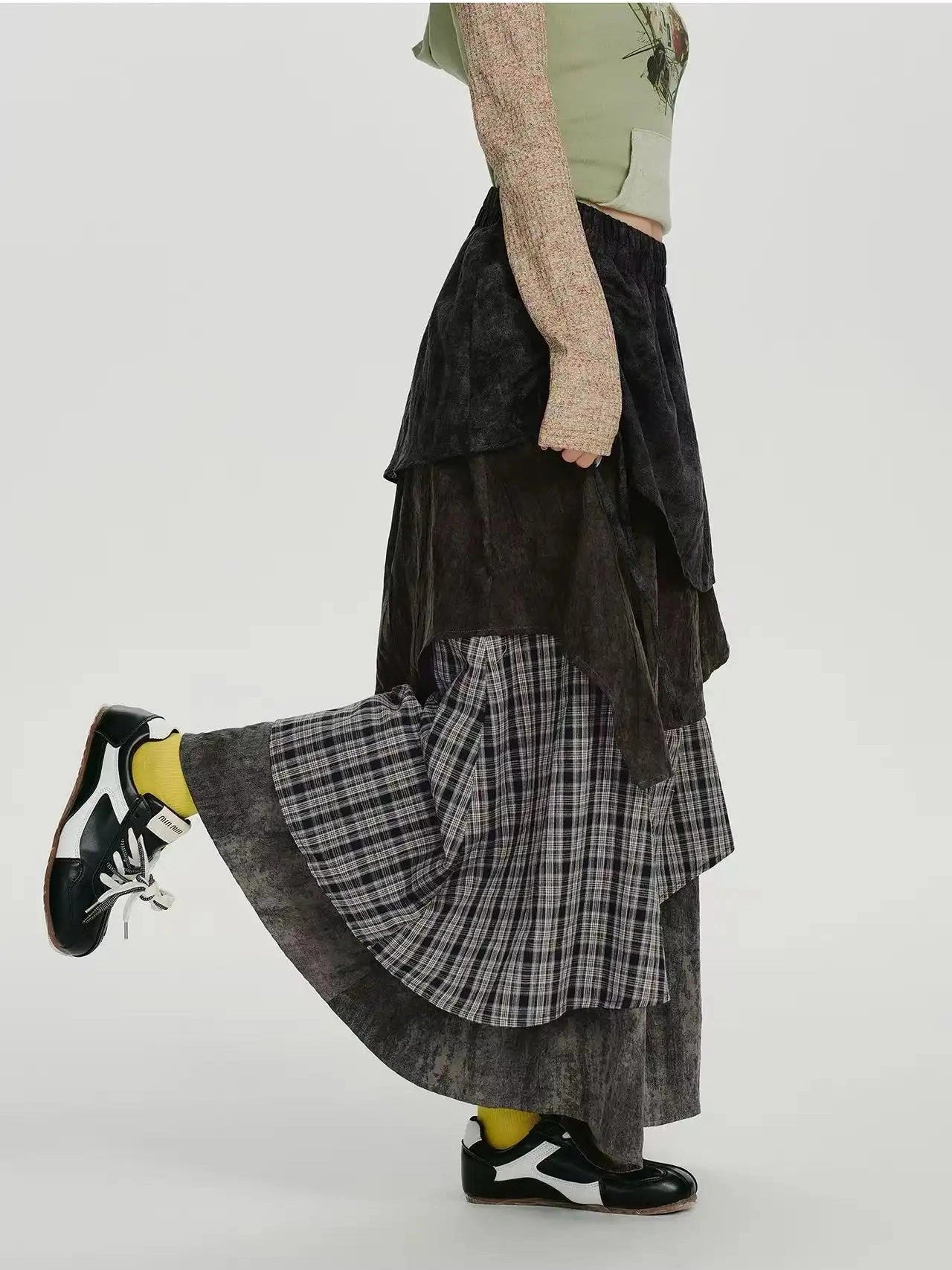 Check Tiered Skirt  f0409