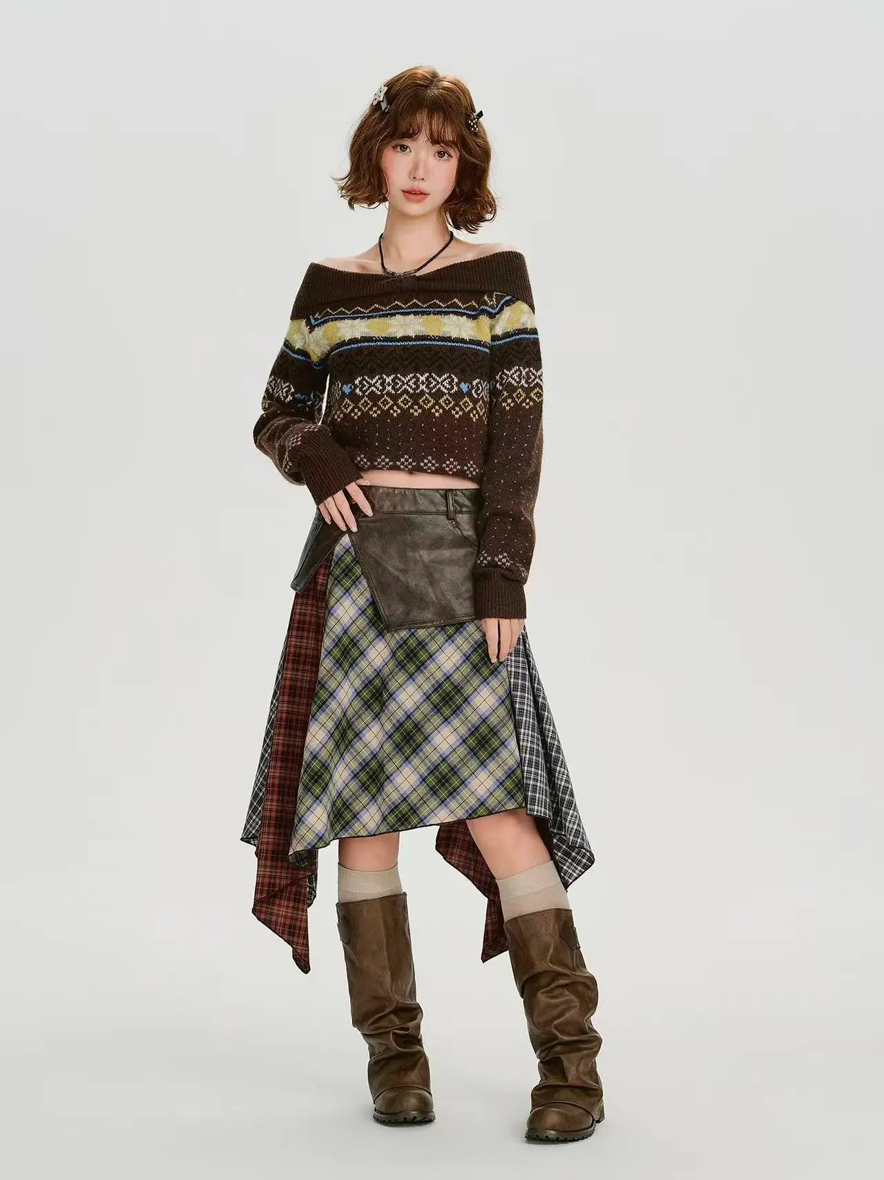 Leather Contrast Check Mini Skirt   f0407