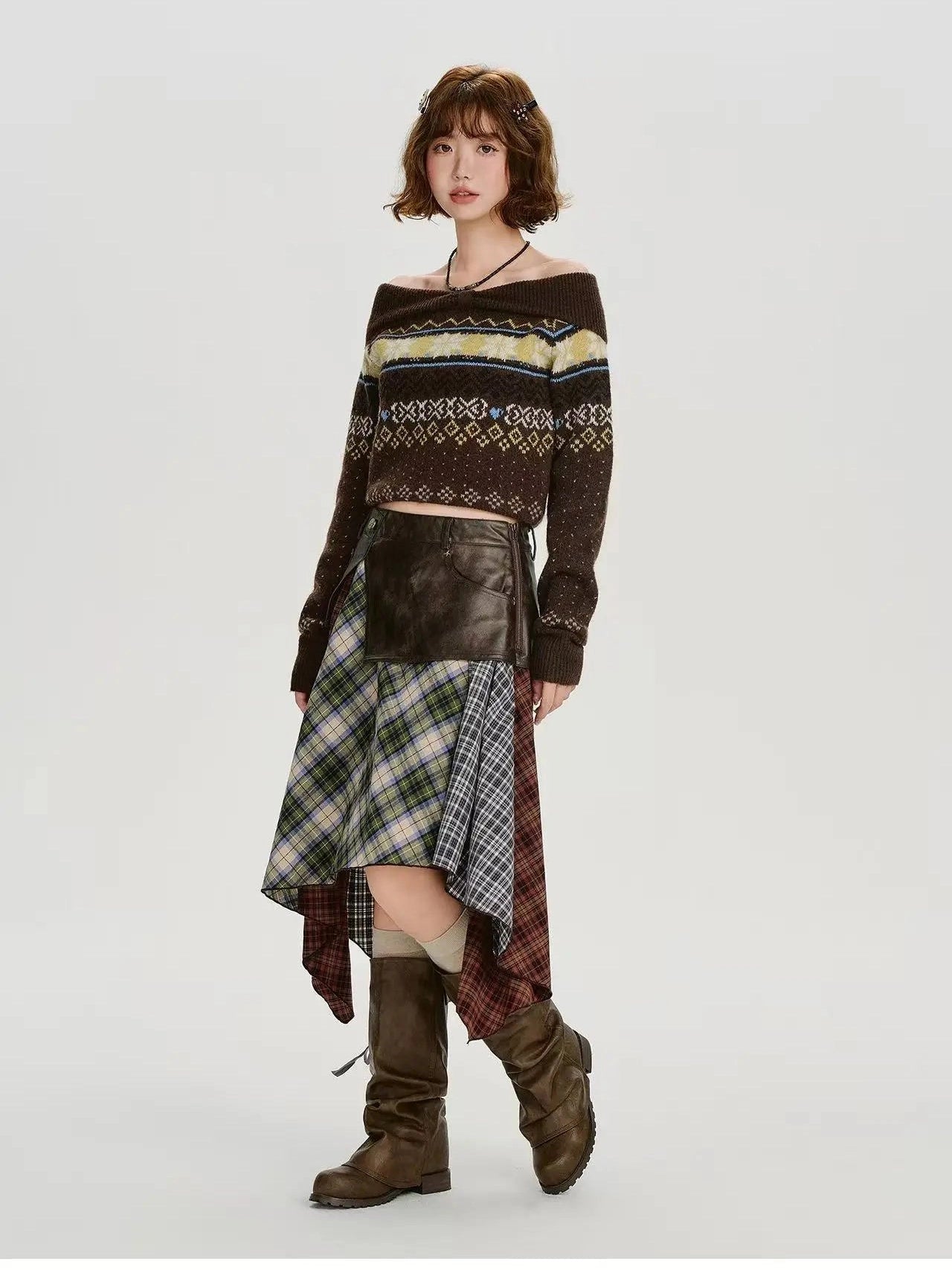 Leather Contrast Check Mini Skirt   f0407