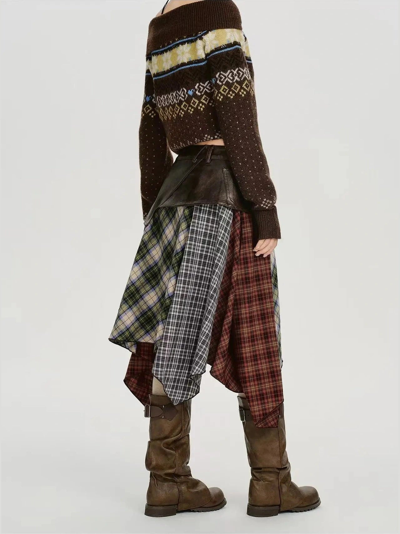 Leather Contrast Check Mini Skirt   f0407