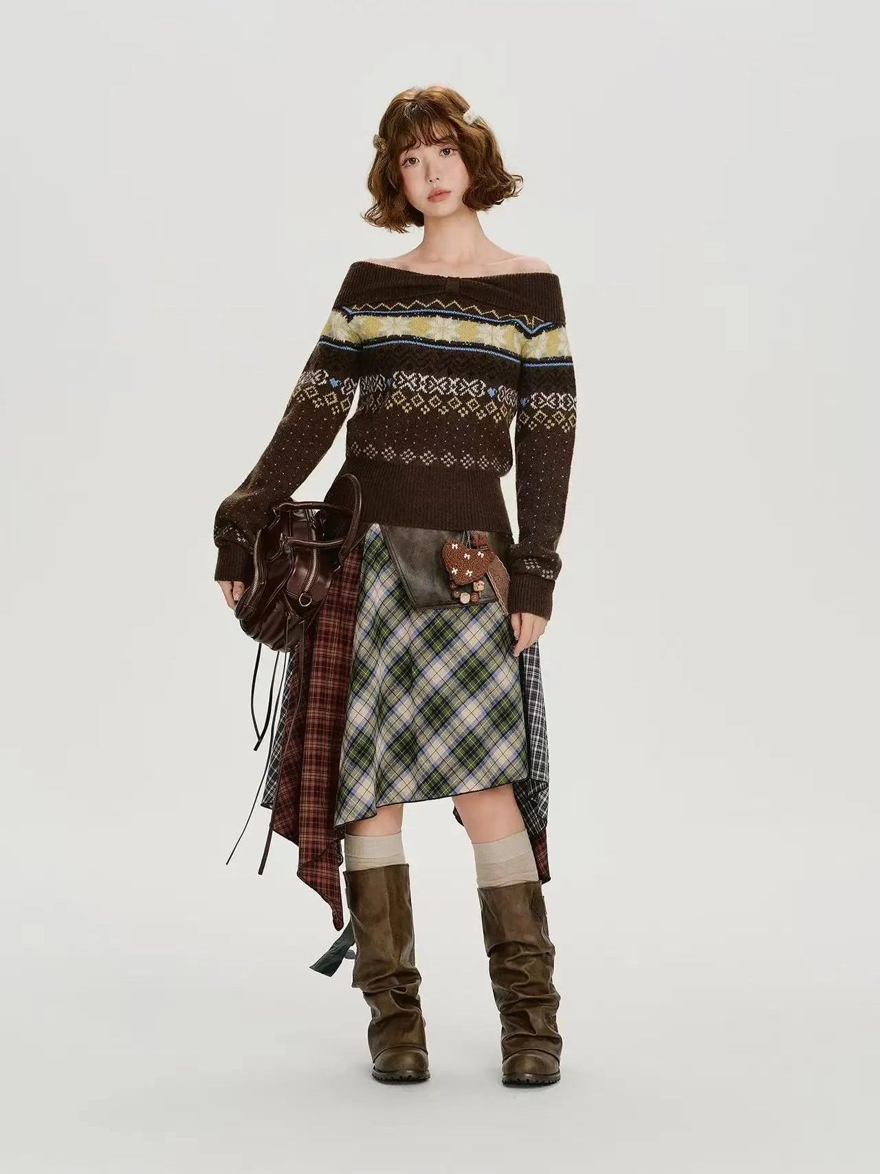 Leather Contrast Check Mini Skirt   f0407