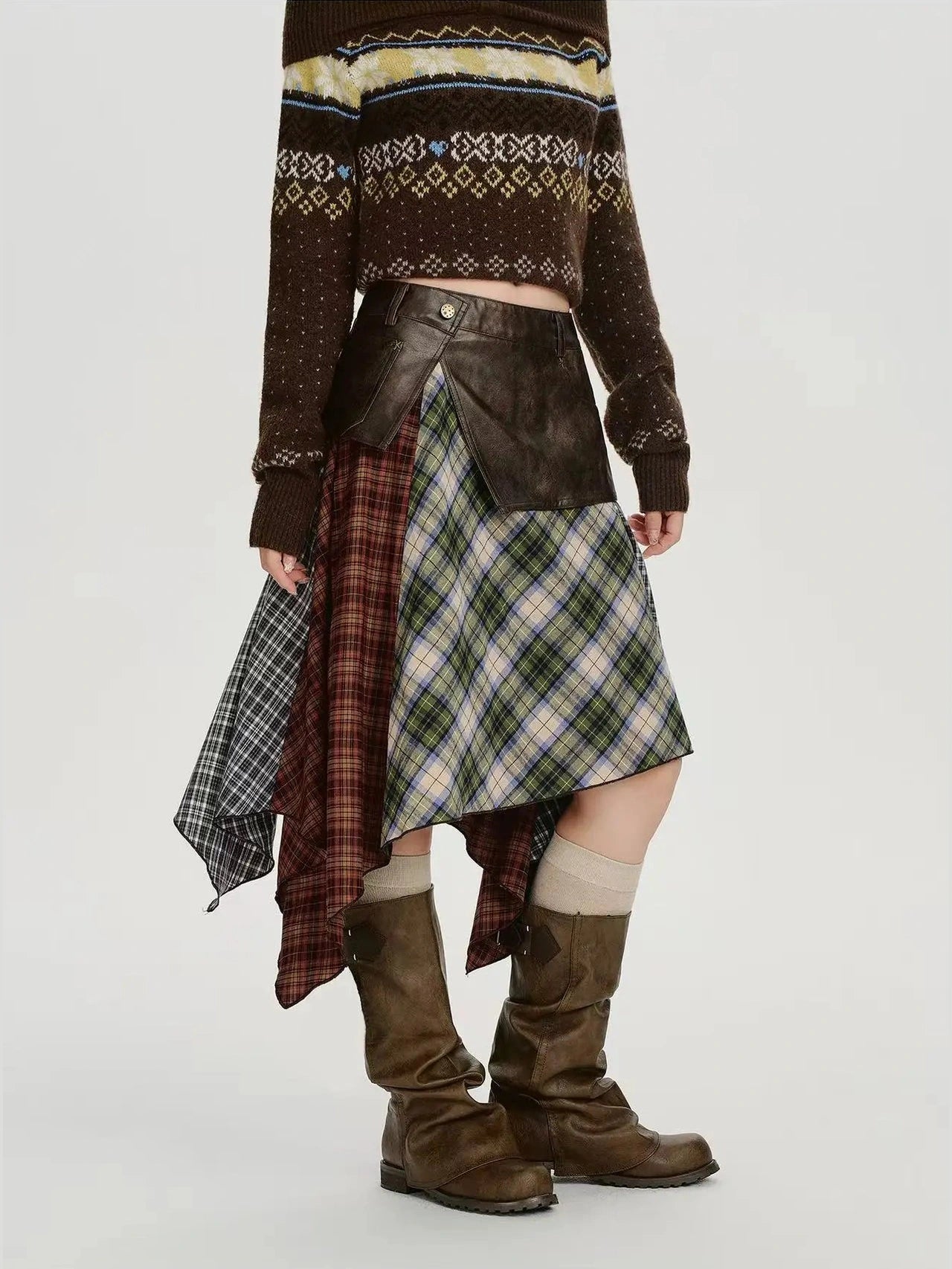 Leather Contrast Check Mini Skirt   f0407