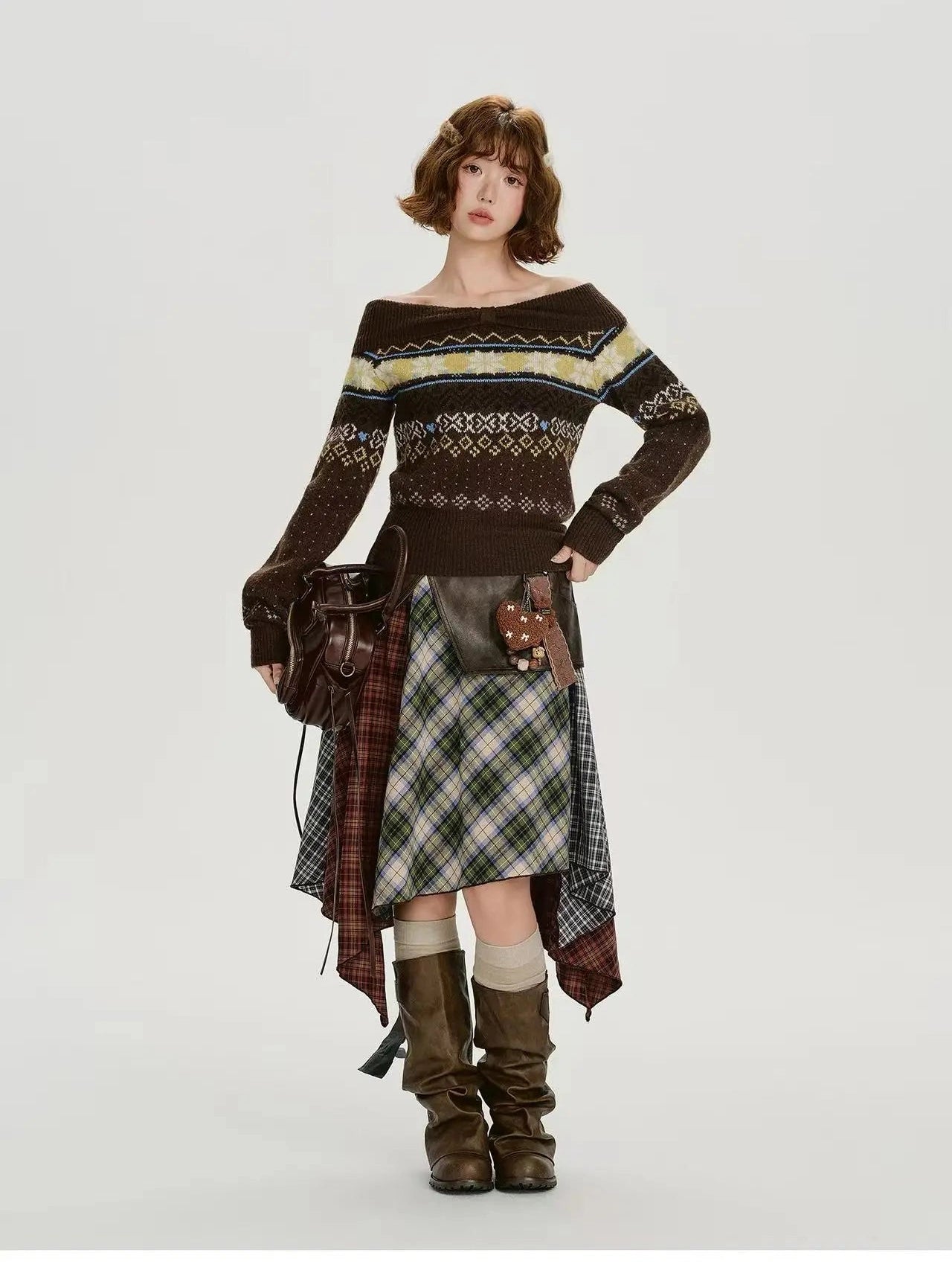 Leather Contrast Check Mini Skirt   f0407