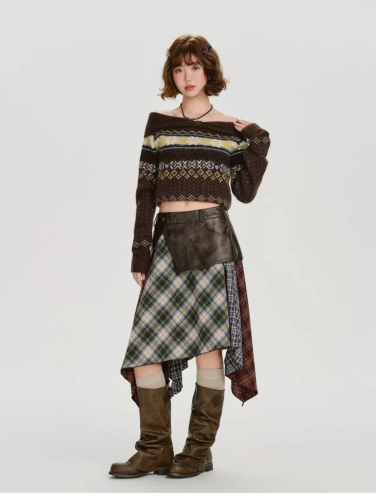 Leather Contrast Check Mini Skirt   f0407