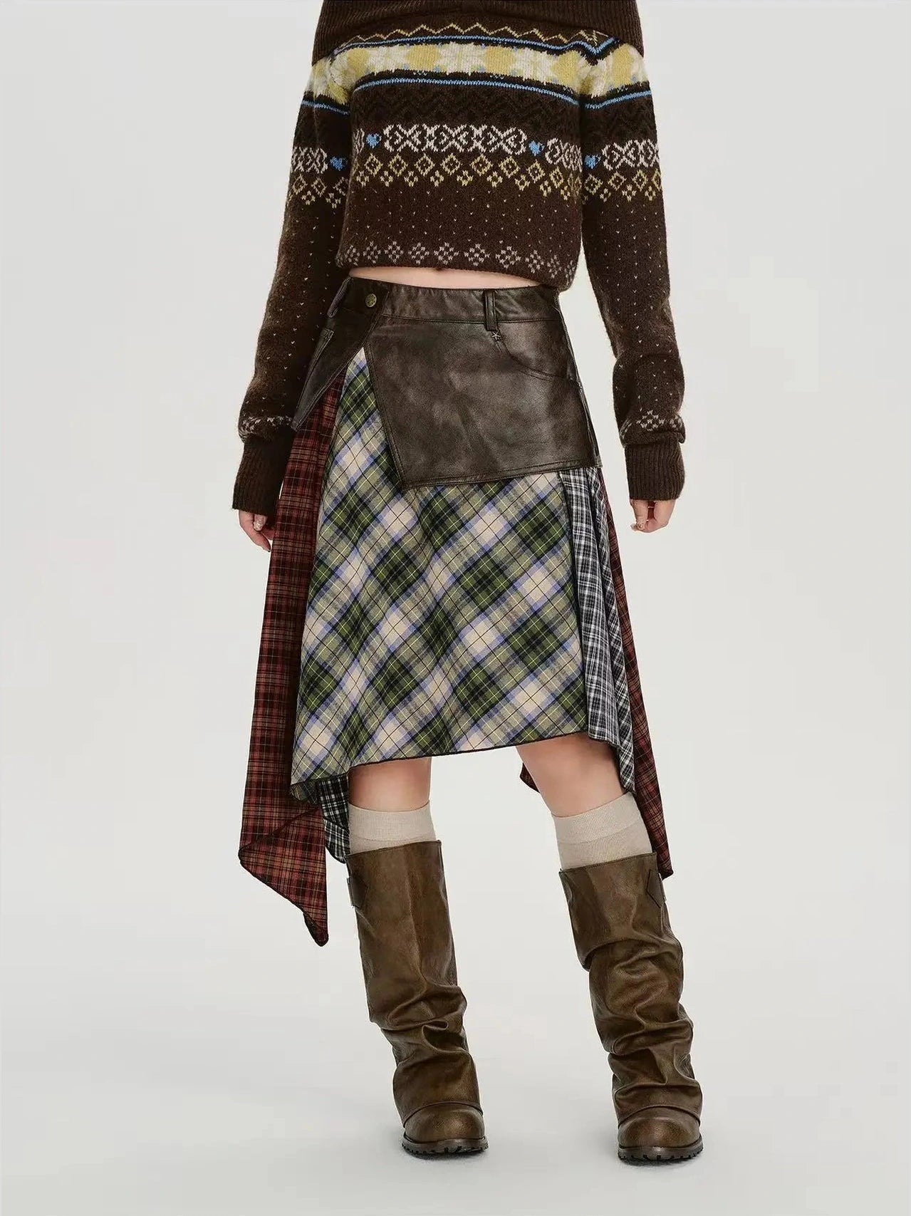 Leather Contrast Check Mini Skirt   f0407