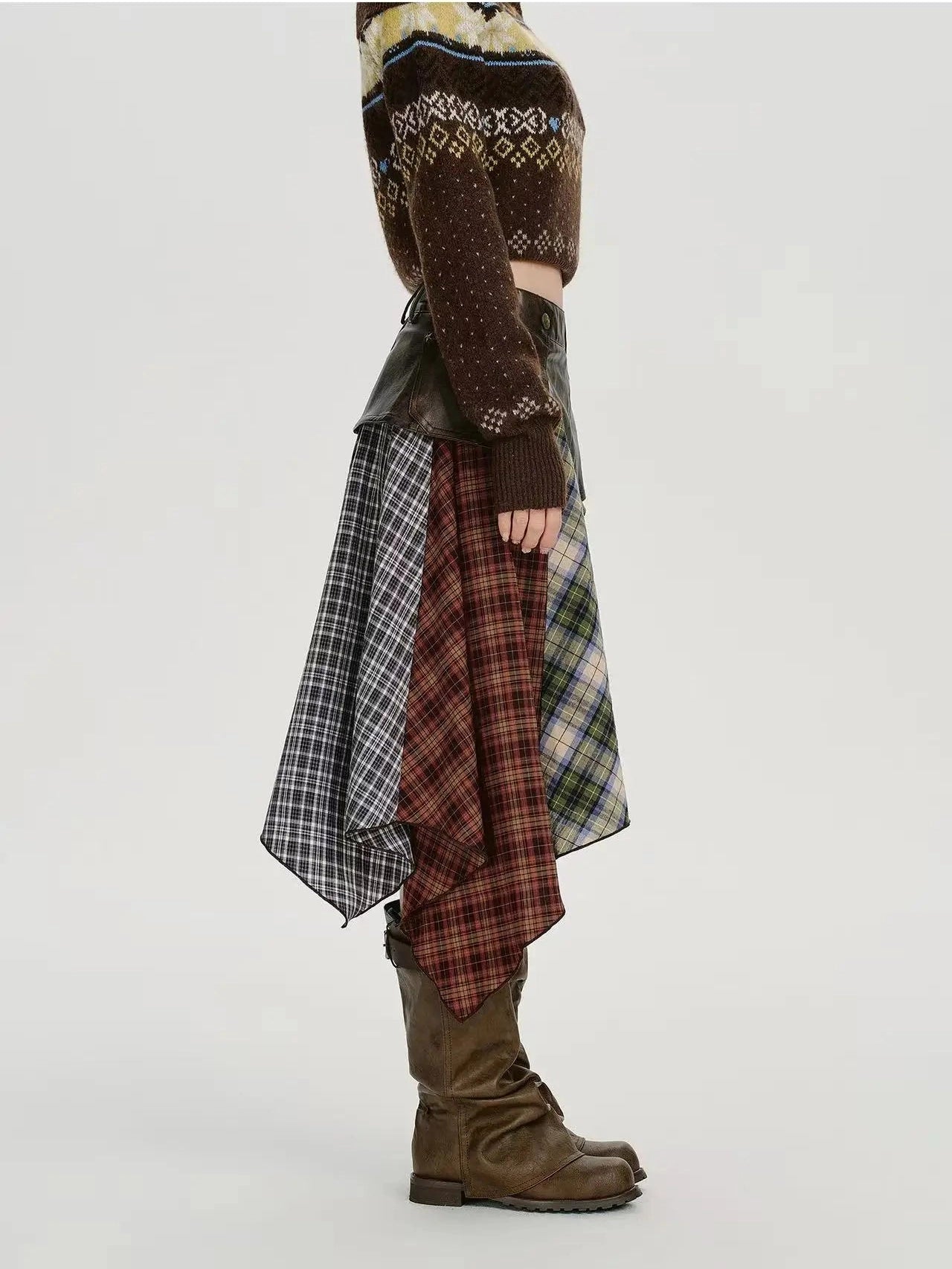 Leather Contrast Check Mini Skirt   f0407