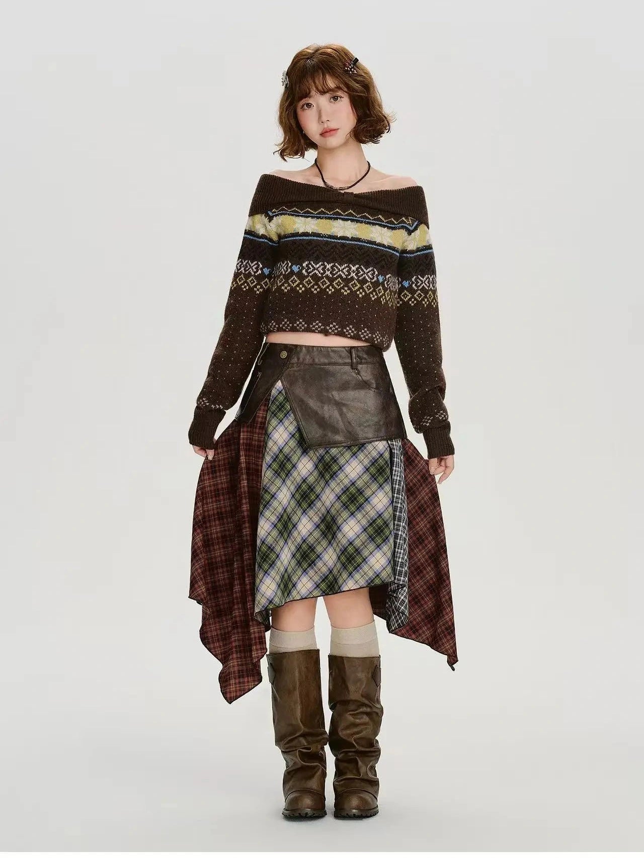 Leather Contrast Check Mini Skirt   f0407