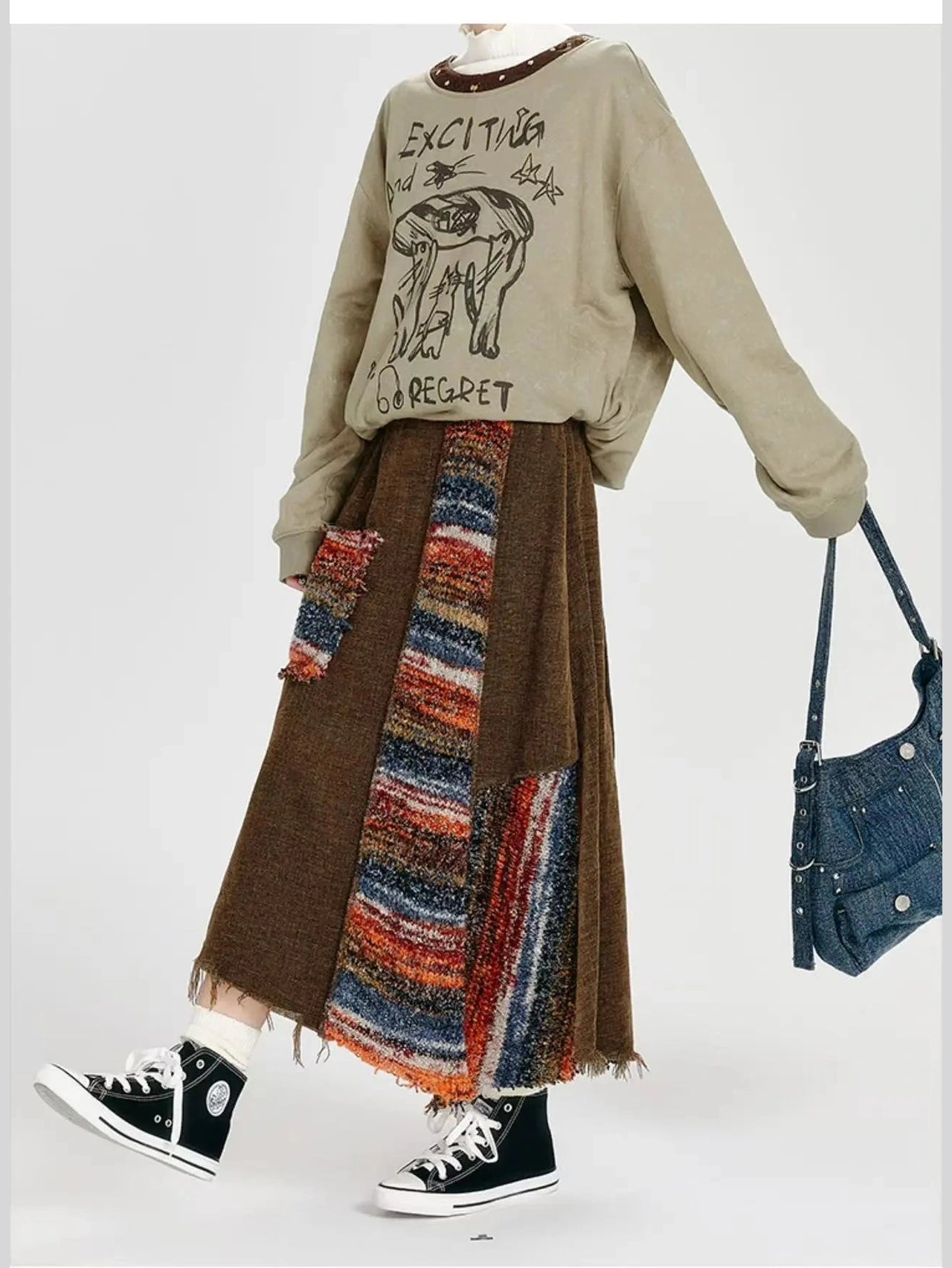 Color Sand × Retro Contrast Irregular Midi Skirt  f0406