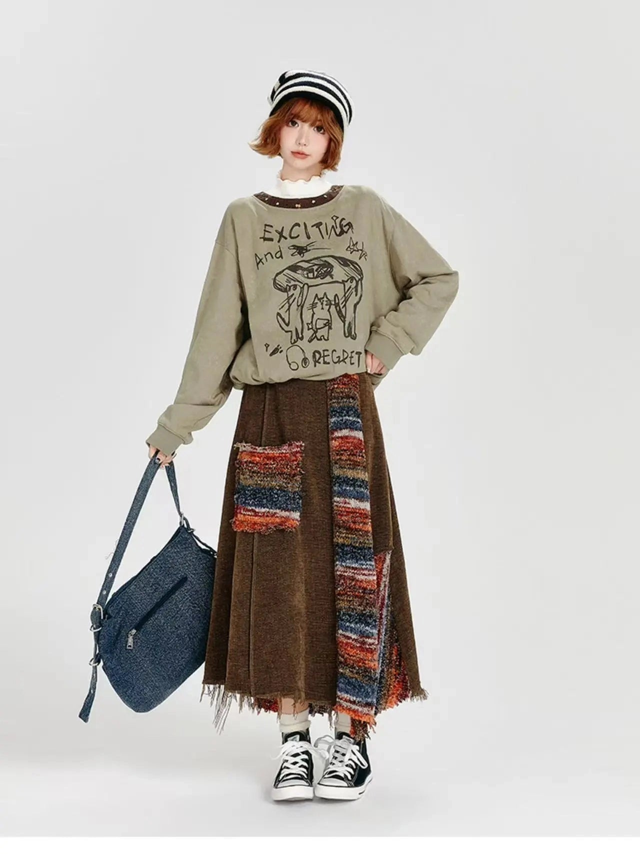 Color Sand × Retro Contrast Irregular Midi Skirt  f0406