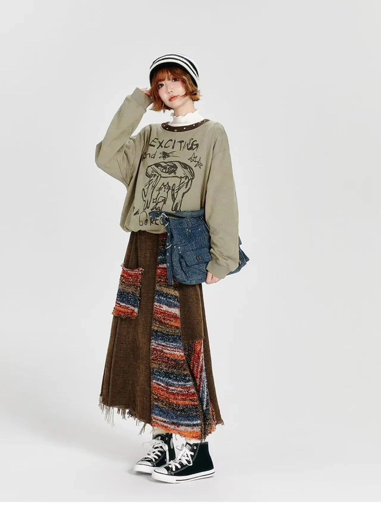 Color Sand × Retro Contrast Irregular Midi Skirt  f0406