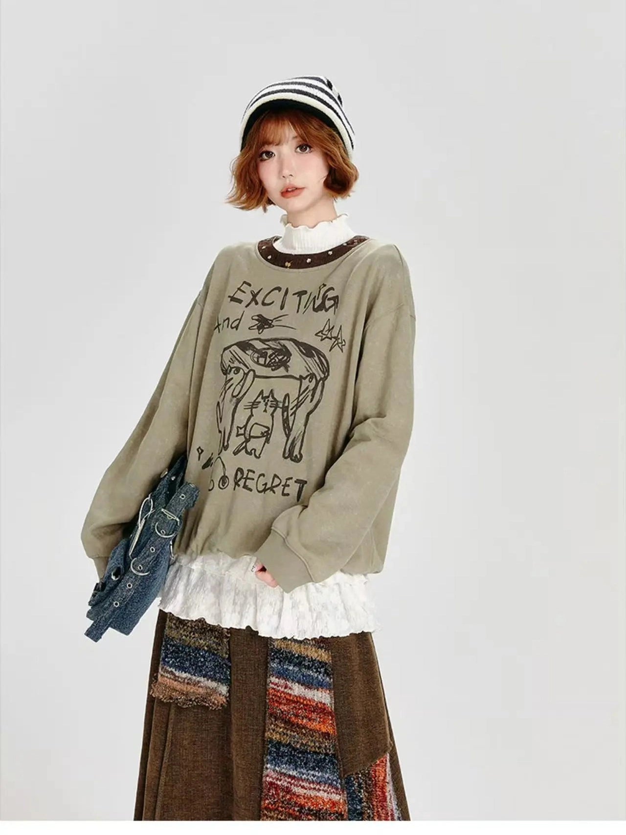 Color Sand × Retro Contrast Irregular Midi Skirt  f0406