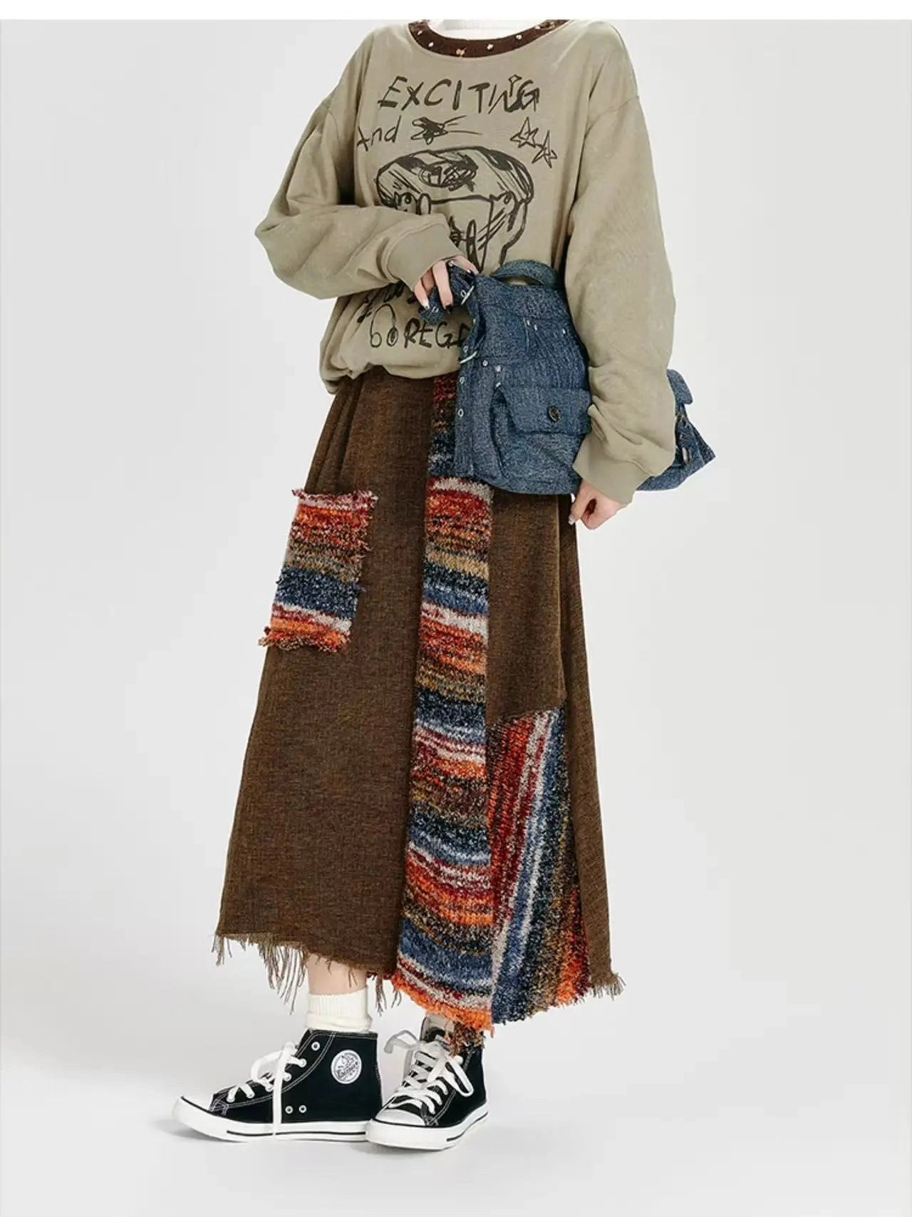 Color Sand × Retro Contrast Irregular Midi Skirt  f0406