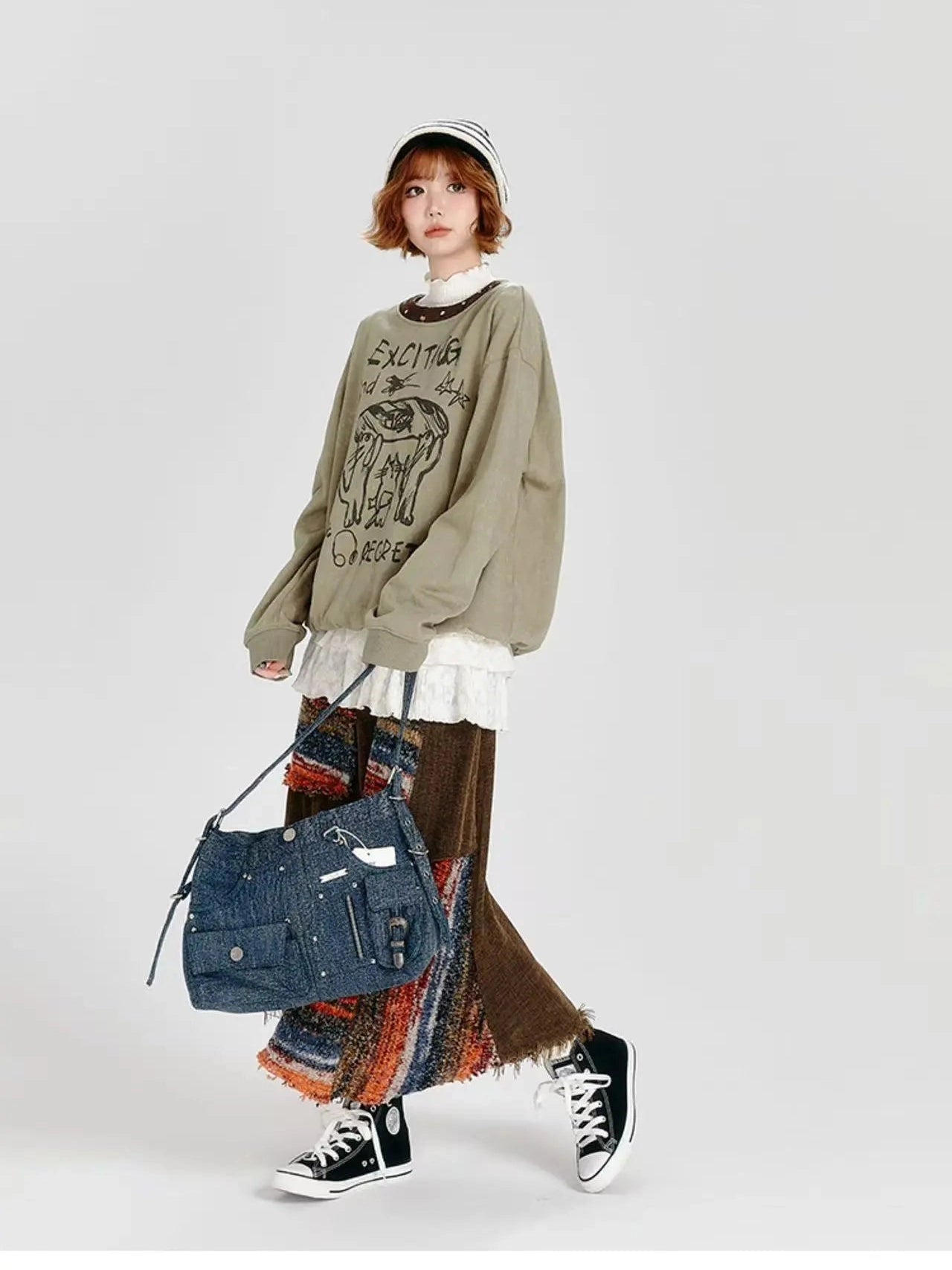 Color Sand × Retro Contrast Irregular Midi Skirt  f0406