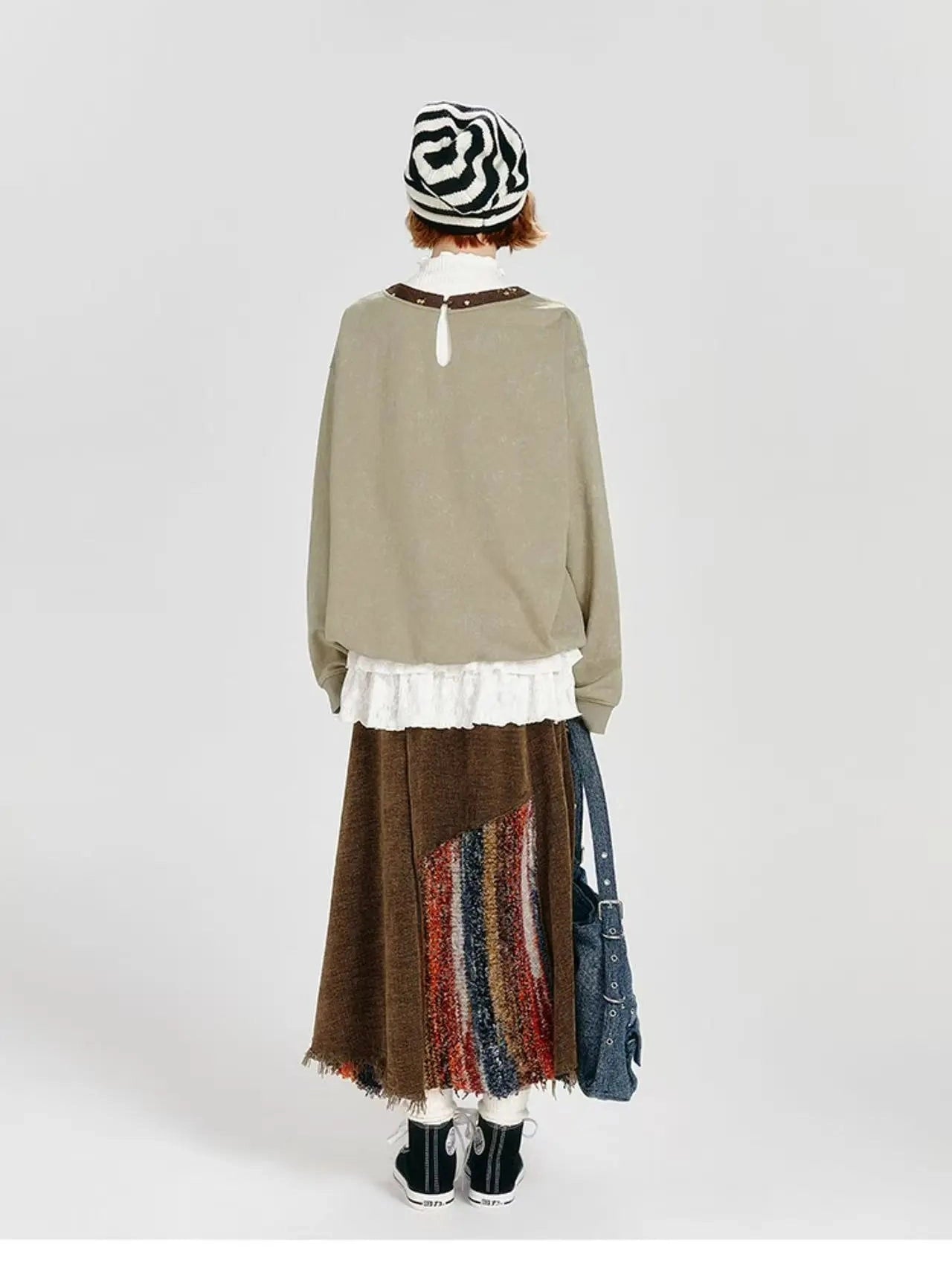 Color Sand × Retro Contrast Irregular Midi Skirt  f0406