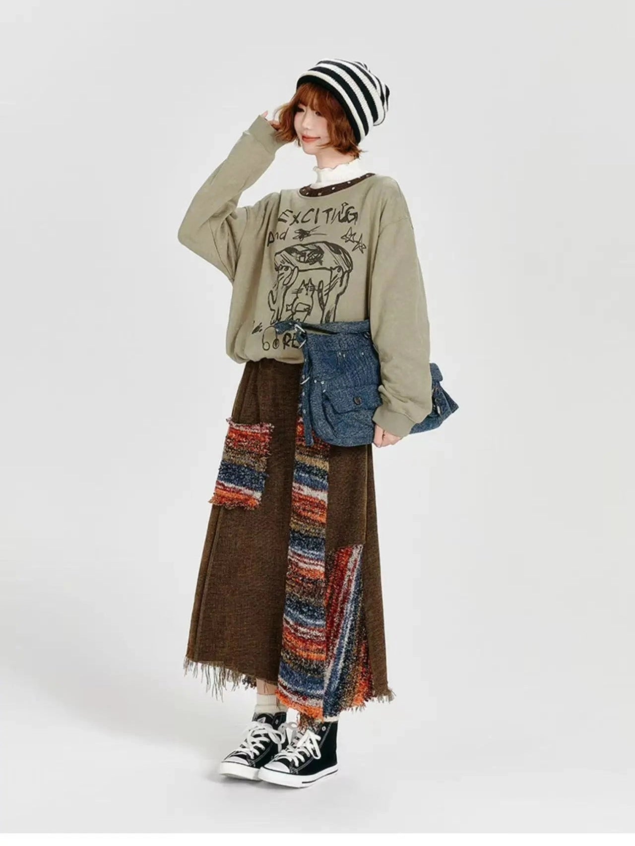 Color Sand × Retro Contrast Irregular Midi Skirt  f0406