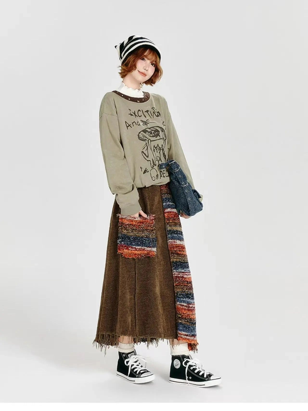 Color Sand × Retro Contrast Irregular Midi Skirt  f0406