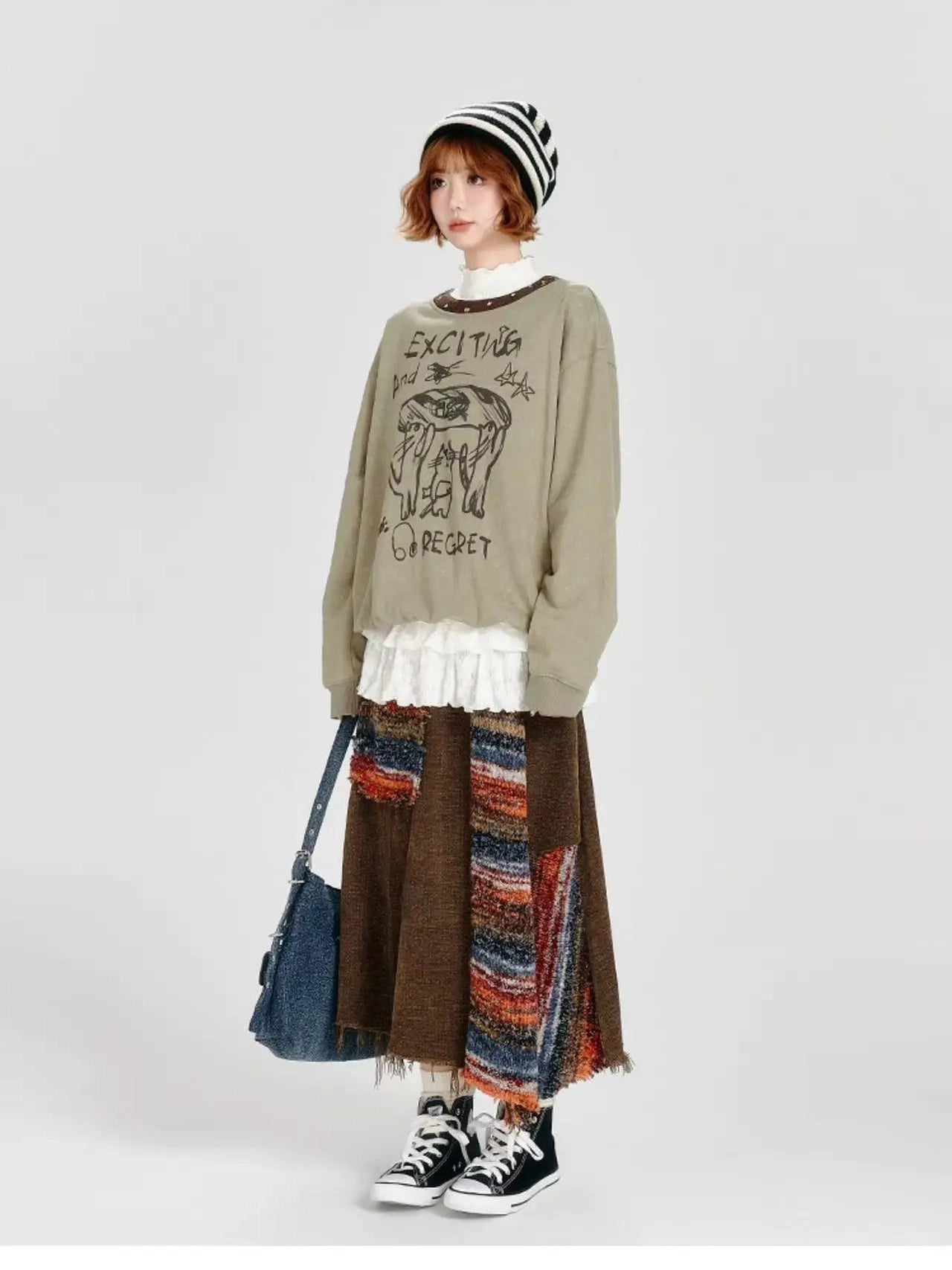 Color Sand × Retro Contrast Irregular Midi Skirt  f0406