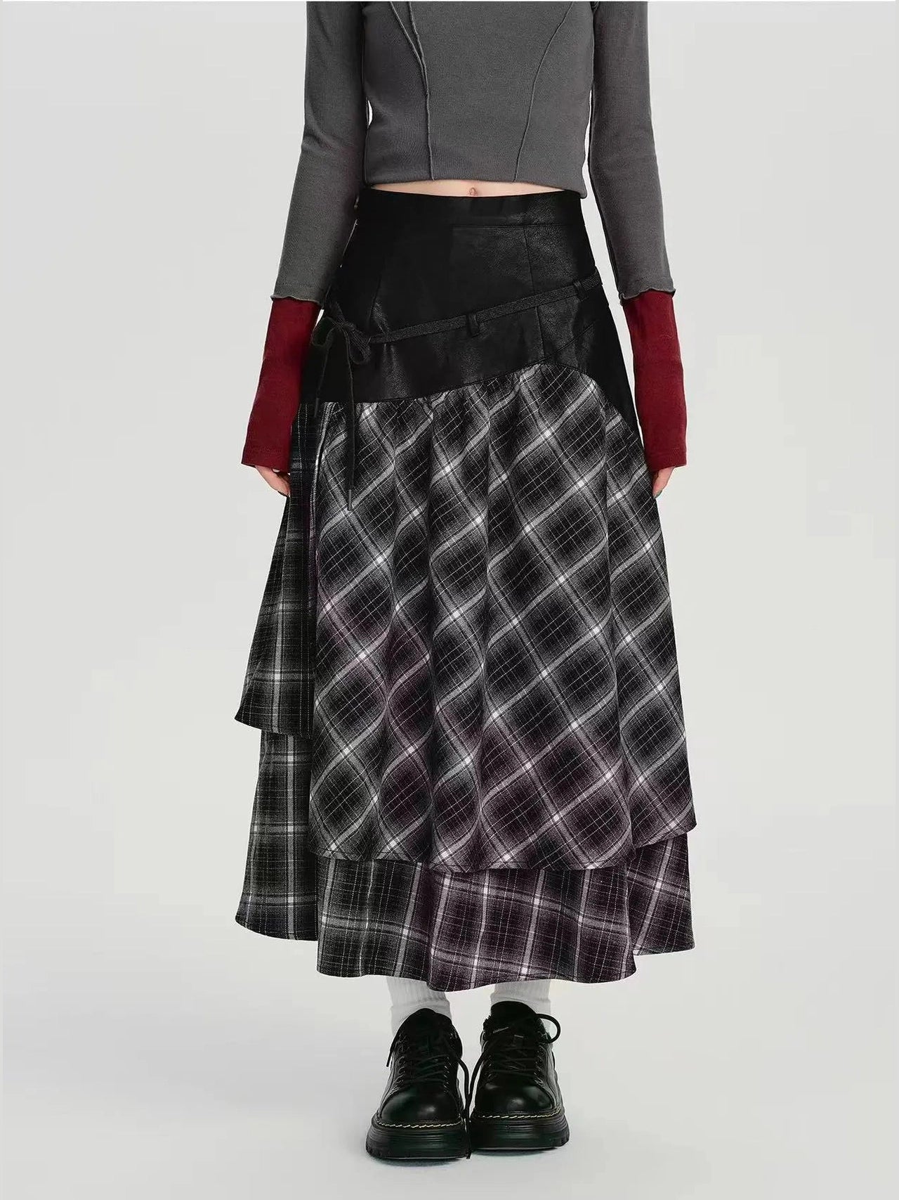 Double Layer Check A-Line Skirt  f0405