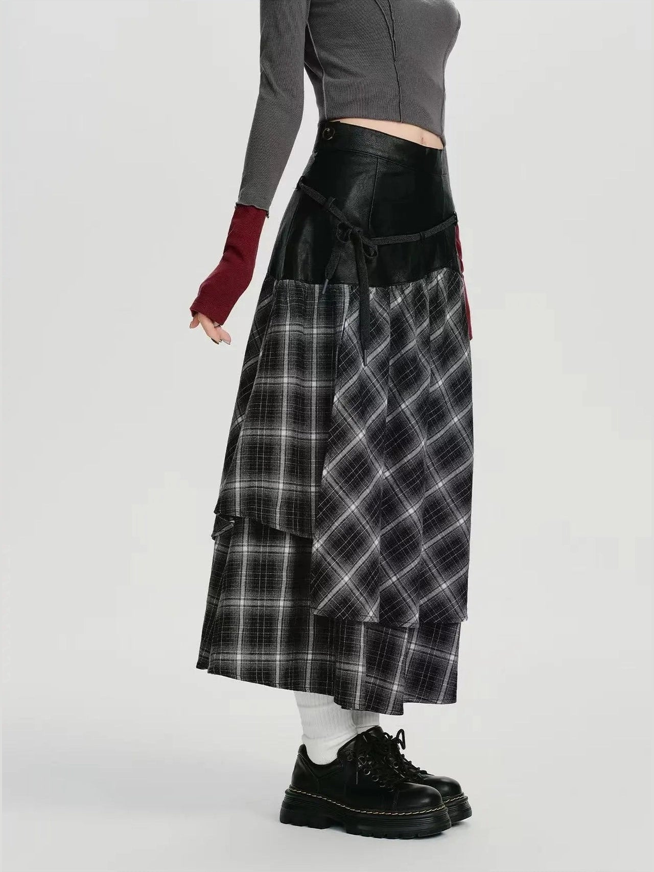 Double Layer Check A-Line Skirt  f0405