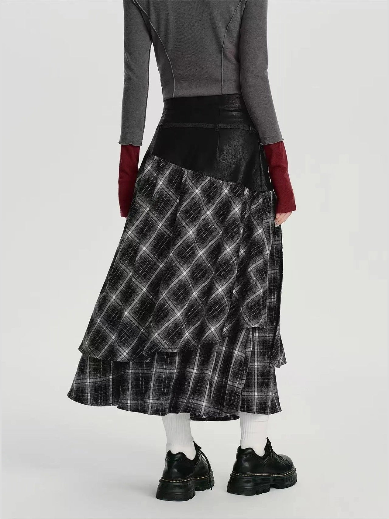 Double Layer Check A-Line Skirt  f0405