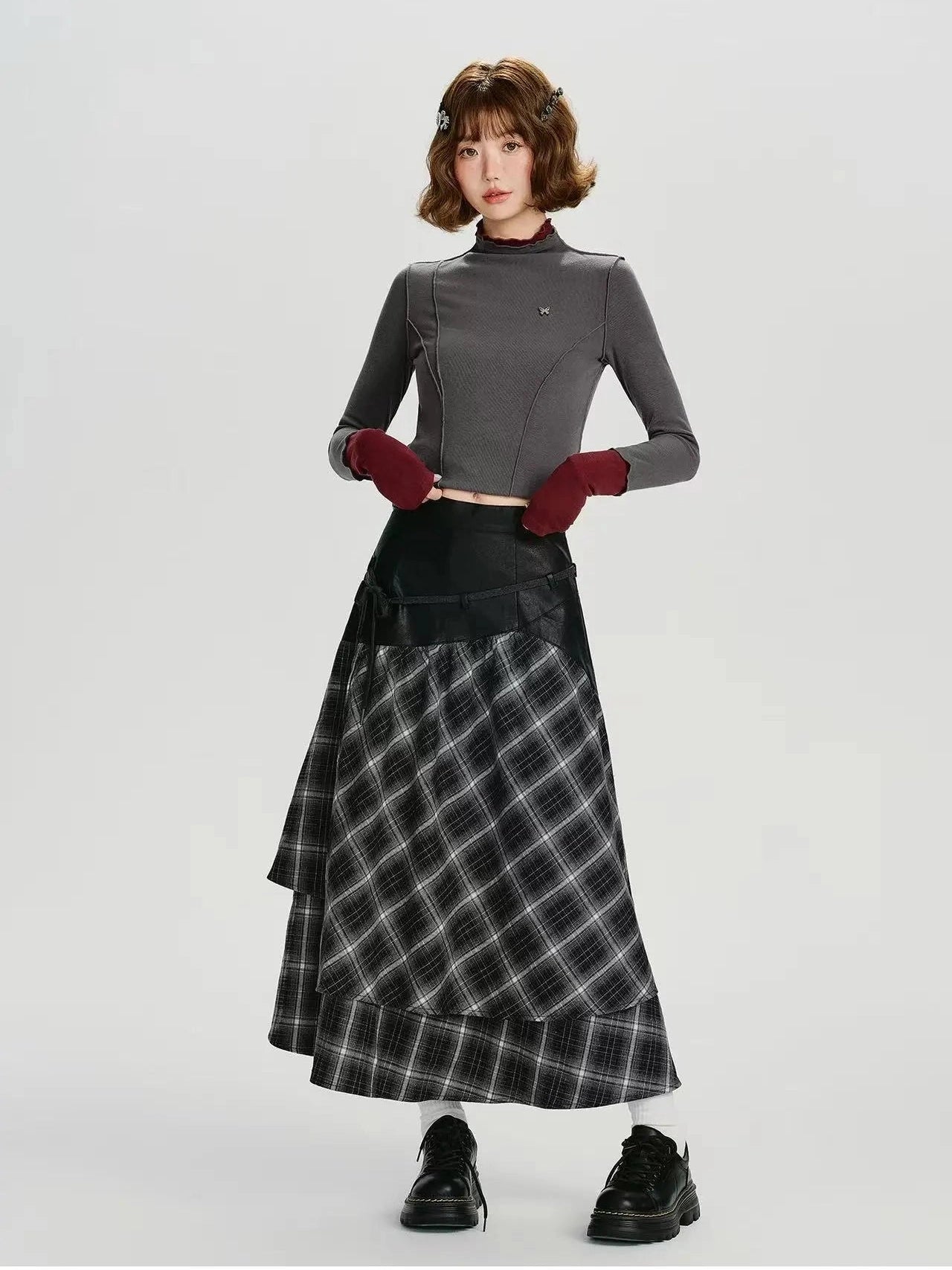 Double Layer Check A-Line Skirt  f0405