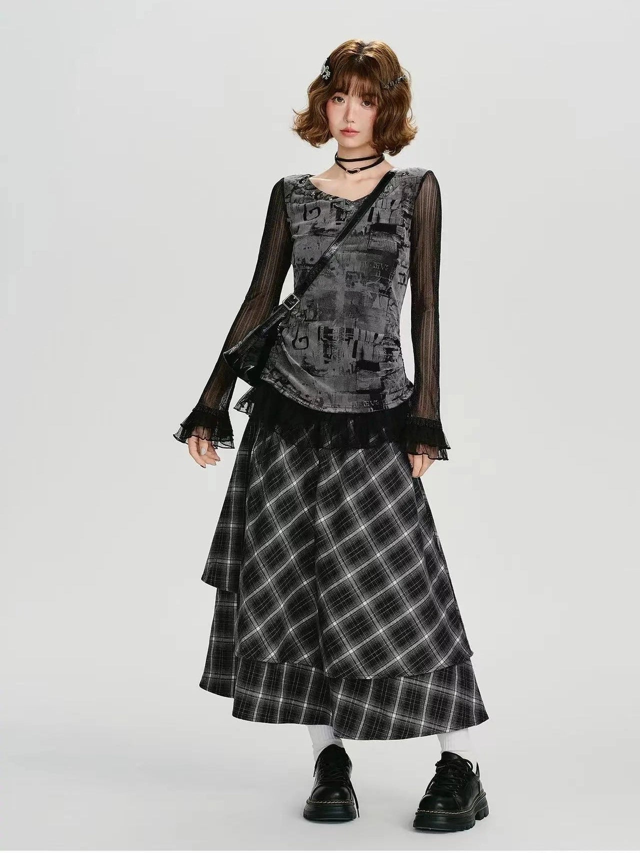 Double Layer Check A-Line Skirt  f0405