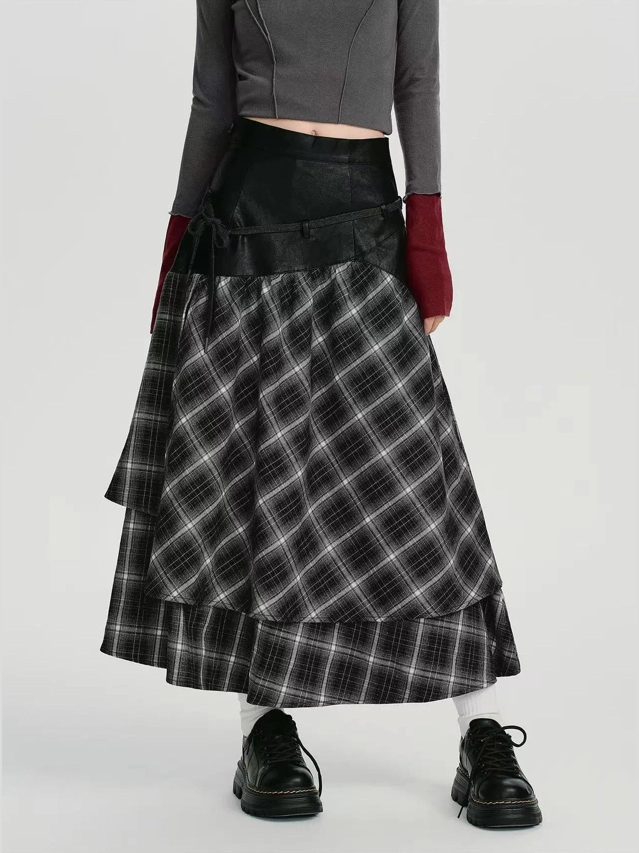 Double Layer Check A-Line Skirt  f0405