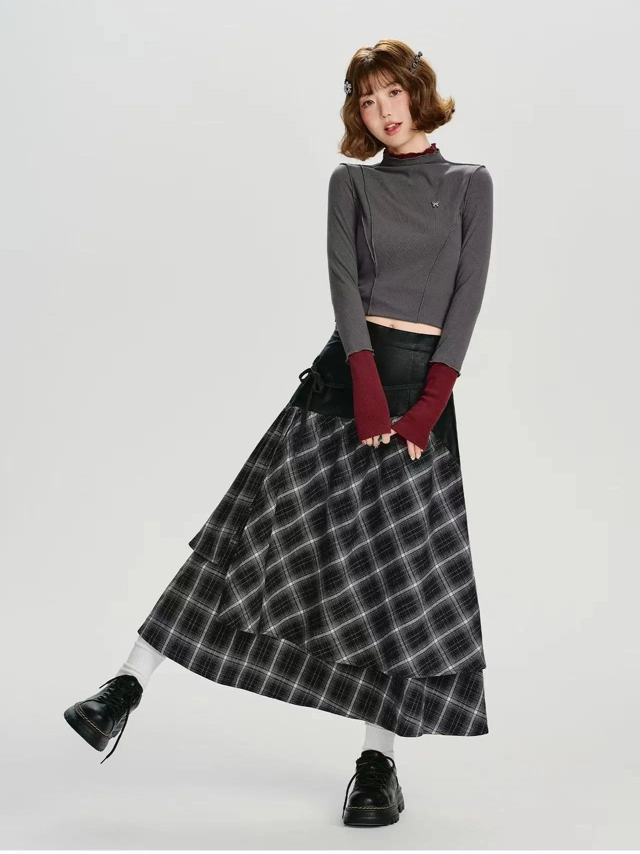 Double Layer Check A-Line Skirt  f0405