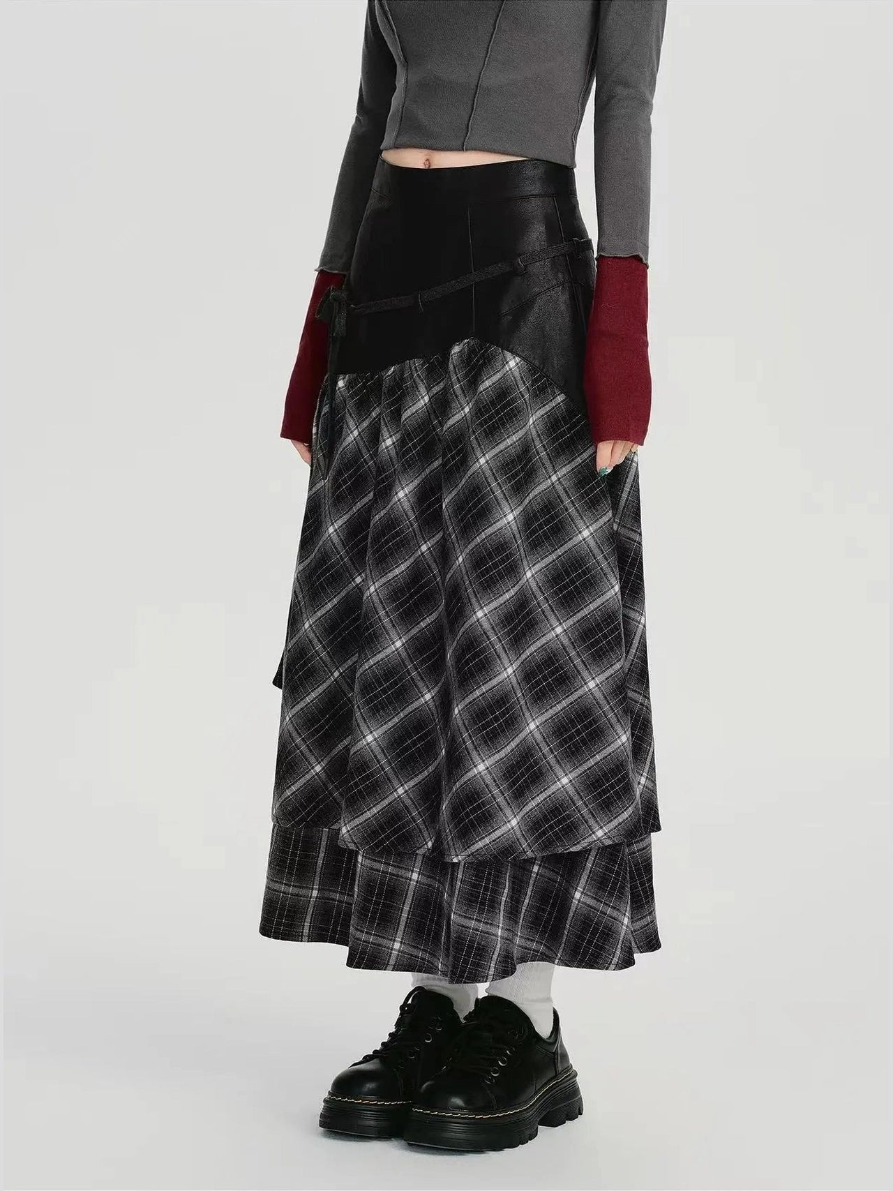 Double Layer Check A-Line Skirt  f0405