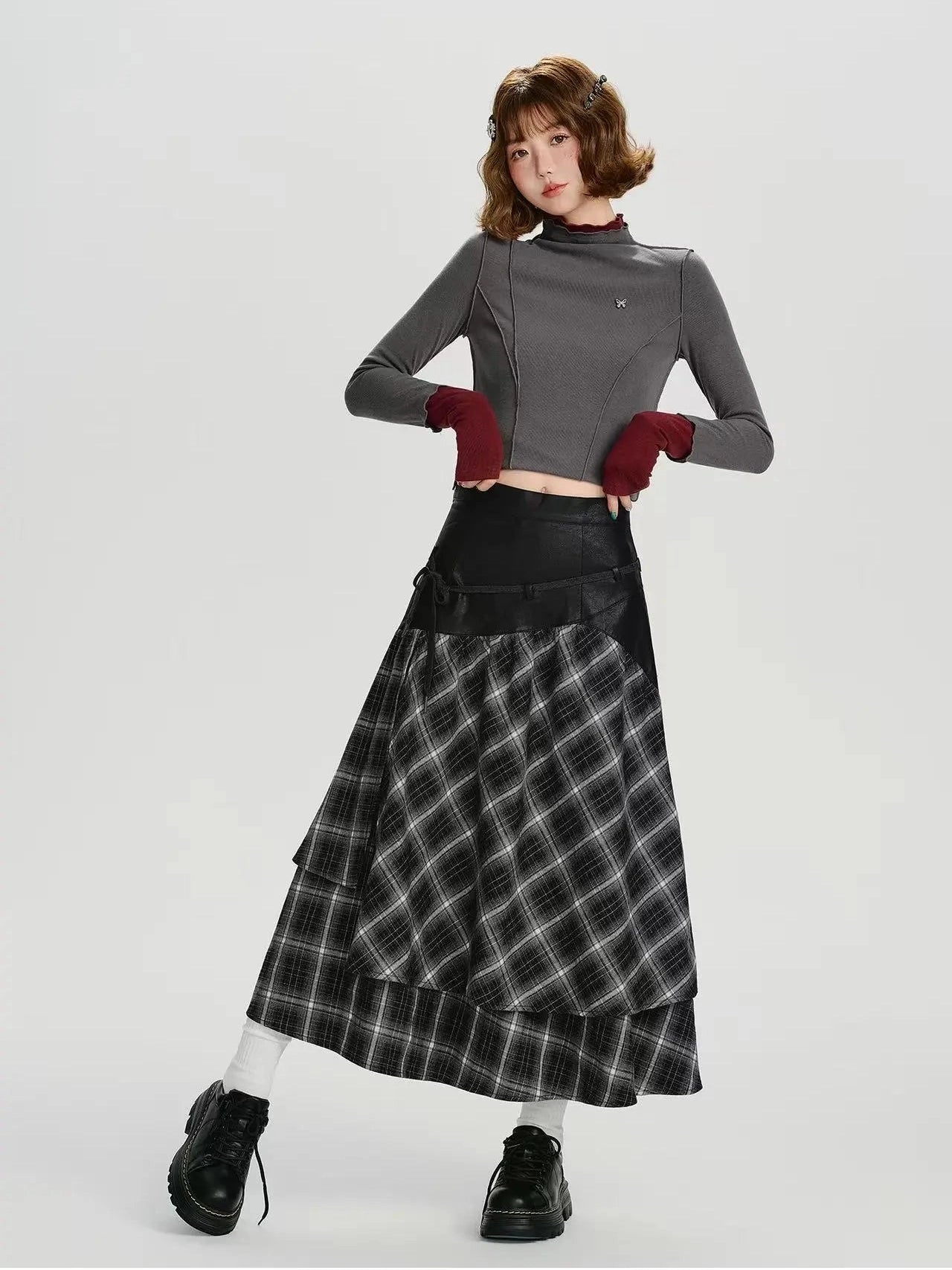 Double Layer Check A-Line Skirt  f0405