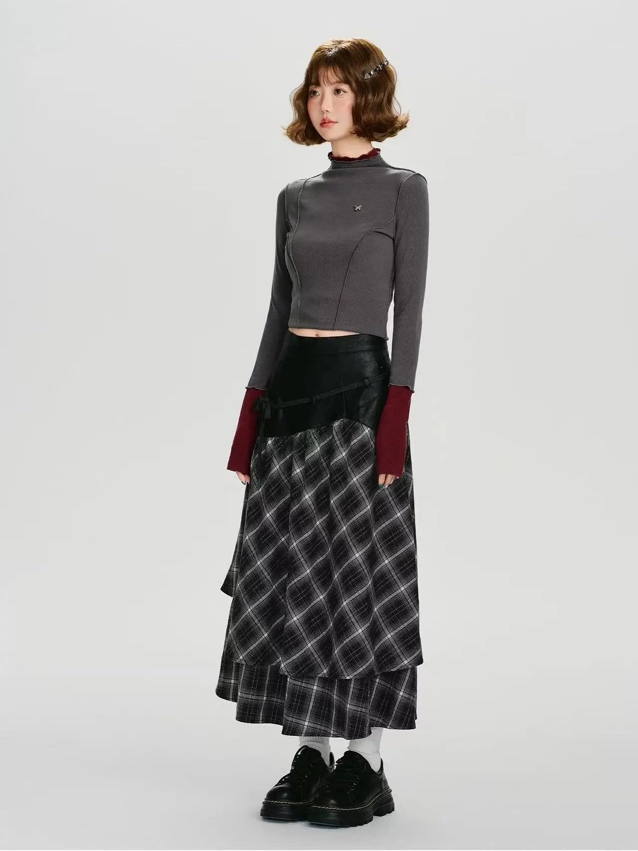 Double Layer Check A-Line Skirt  f0405