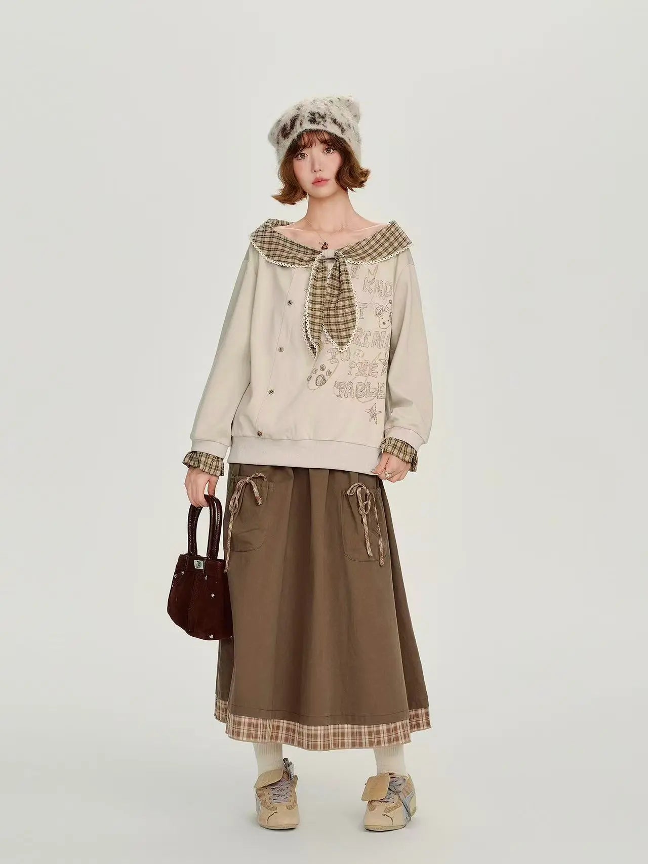 Check Pattern Layered Midi Skirt   f0404